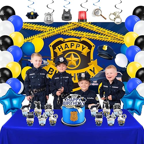 Miniatura 7 de Suministros de fiesta de cumpleaños de policía, 159 piezas de decoración de fiesta de autos de policía para niñas y niños - telón de fondo,