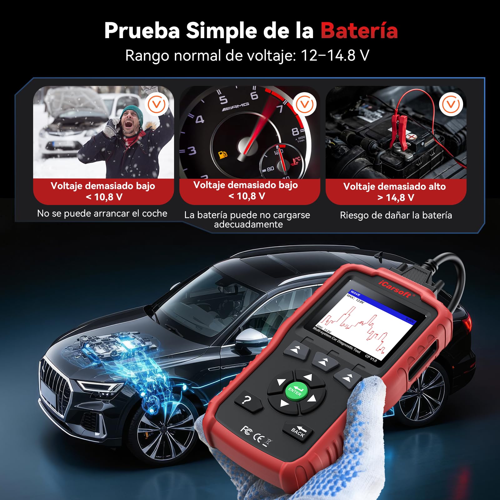 iCarsoft CP V1.0 OBD2 Máquina Diagnosis Coche para Peugeot/Citroen, Escáner de Todo el Sistema, Reinicio de Aceite, Calibración SAS, Prueba de Batería, Actualización de por Vida