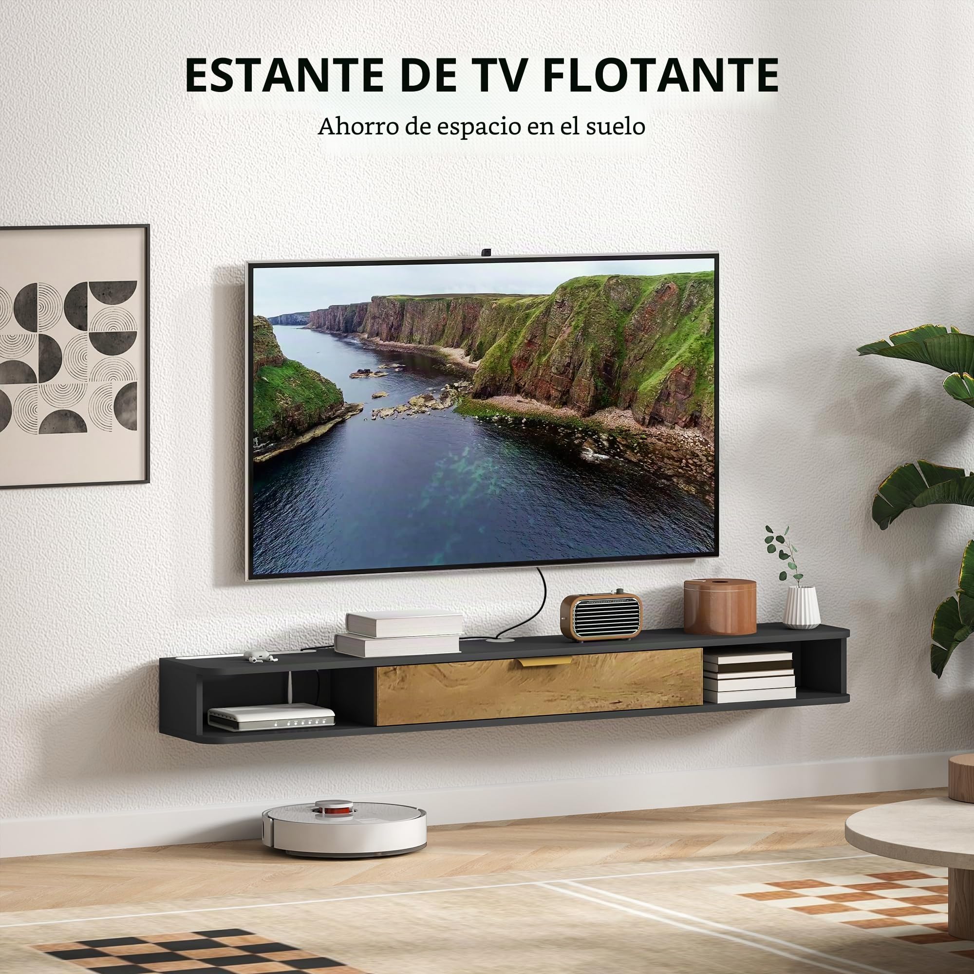 HOMCOM Soporte TV de Pared con Puerta abatible, 160x24x16cm, Gris | Soporte TV de madera, Banco TV de pared, compartimentos abiertos, gestión de cables, para salón dormitorio
