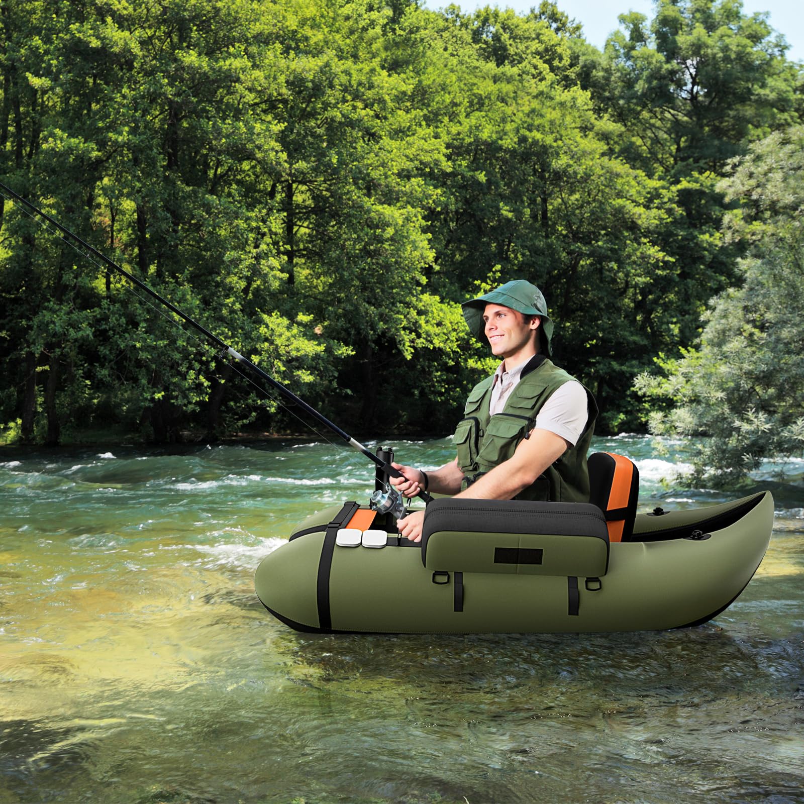 GYMAX Bateau Pêche Gonflable Portable, avec Pagaie, Règle à Poisson, Porte-Canne, Palmes, Pompe, Poches de Rangement, Tansport Pratique avec Bandoulières