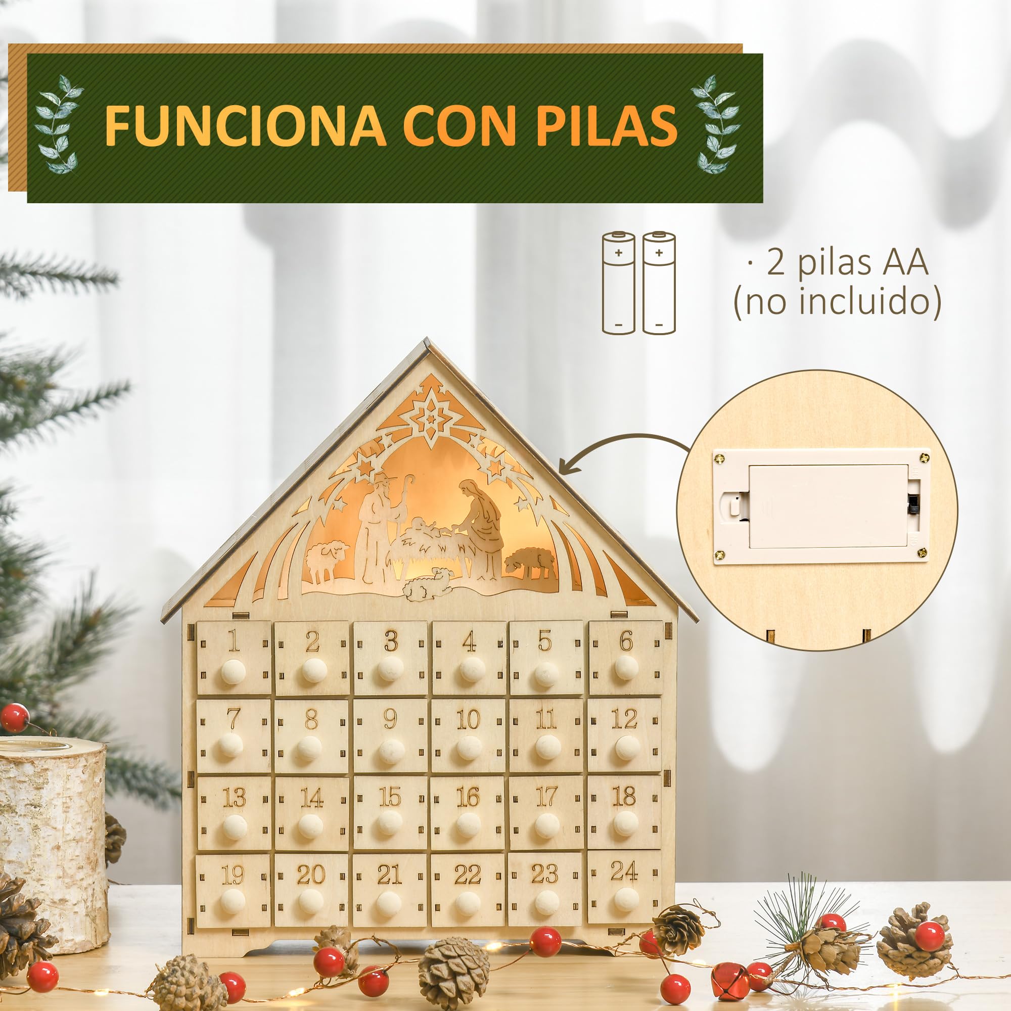 HOMCOM Calendario de Adviento Madera con Luces 24 Cajas Navidad 26,6x6x30 cm Natural