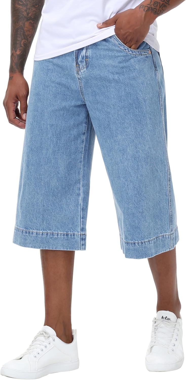 Men's Non-Stretch Loose Fit Wide-Leg Super Baggy Extra Long Denim Shorts Jorts-17 Inseam Below Knee