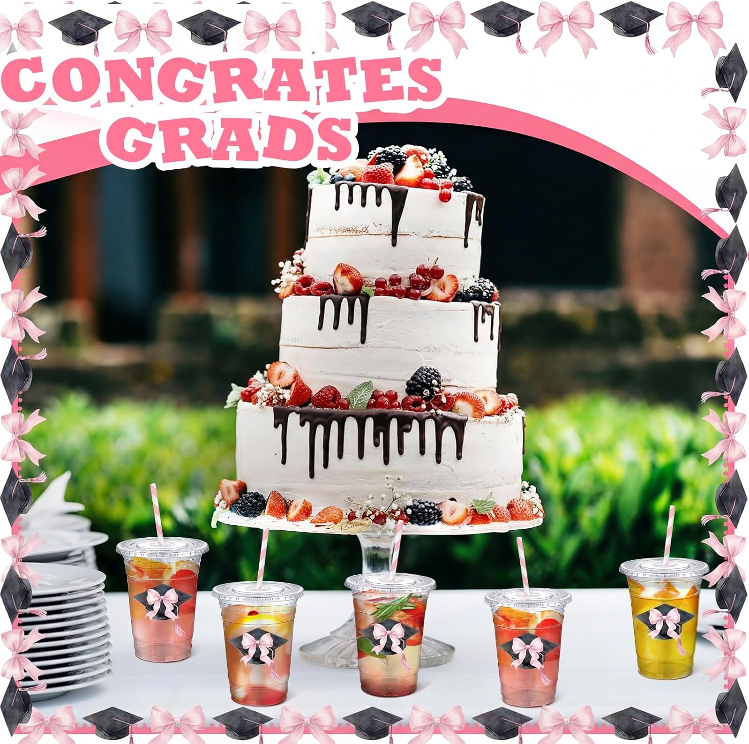 Sliner 50 Pcs 16 oz Pink Bow Graduation Cap Cups Bulk Graduate Coquette Bow Disposable Plastic Cups with Straw Class of 2026 Senior Graduation Party Decorations Congrats Grad Prom Party Supplies