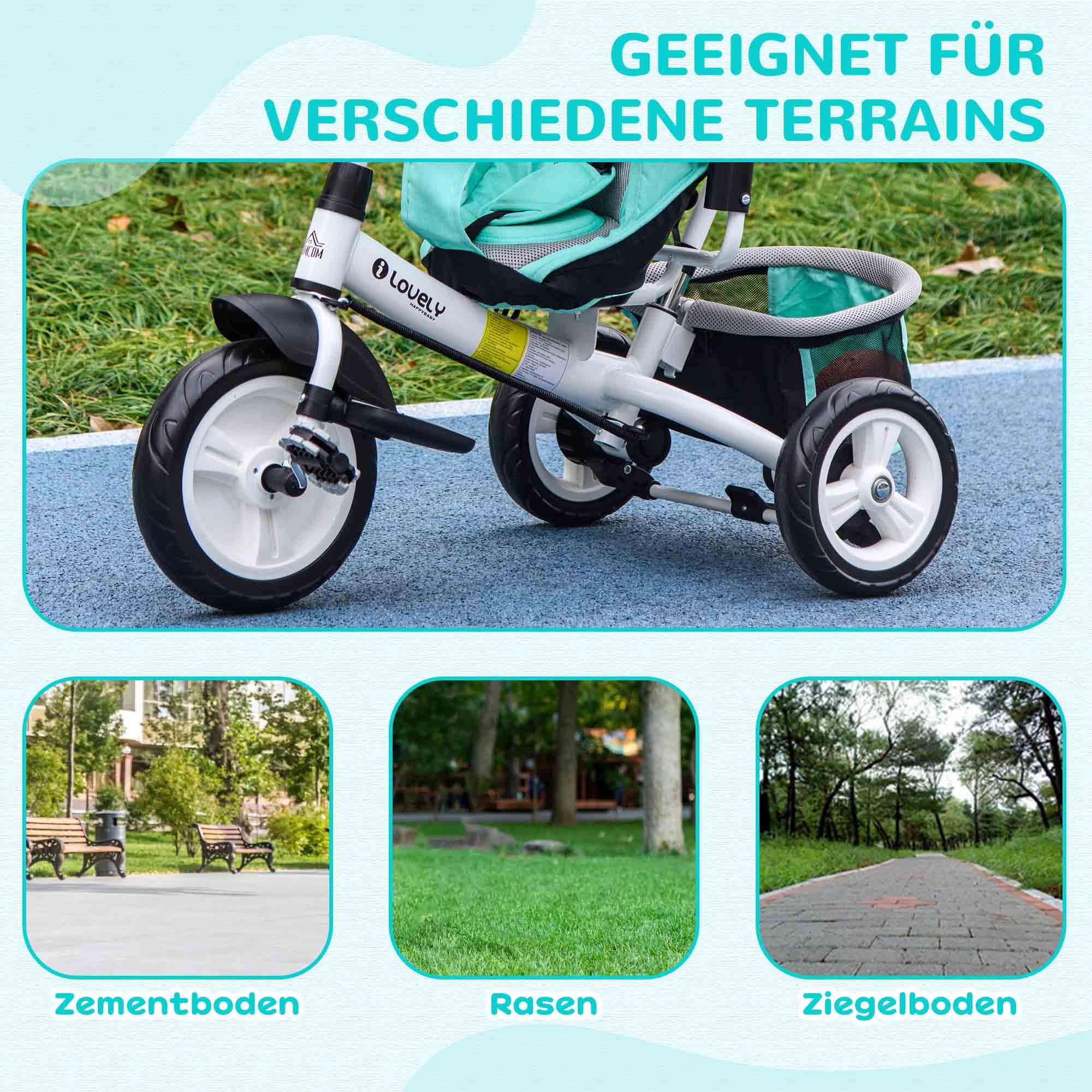 HOMCOM Triciclo 6 in 1 con maniglione, triciclo per bambini con capottina parasole rimovibile, cuscino, balance bike con imbracatura di sicurezza a 5 punti, cestino, portabicchieri, per bambini da 1 a