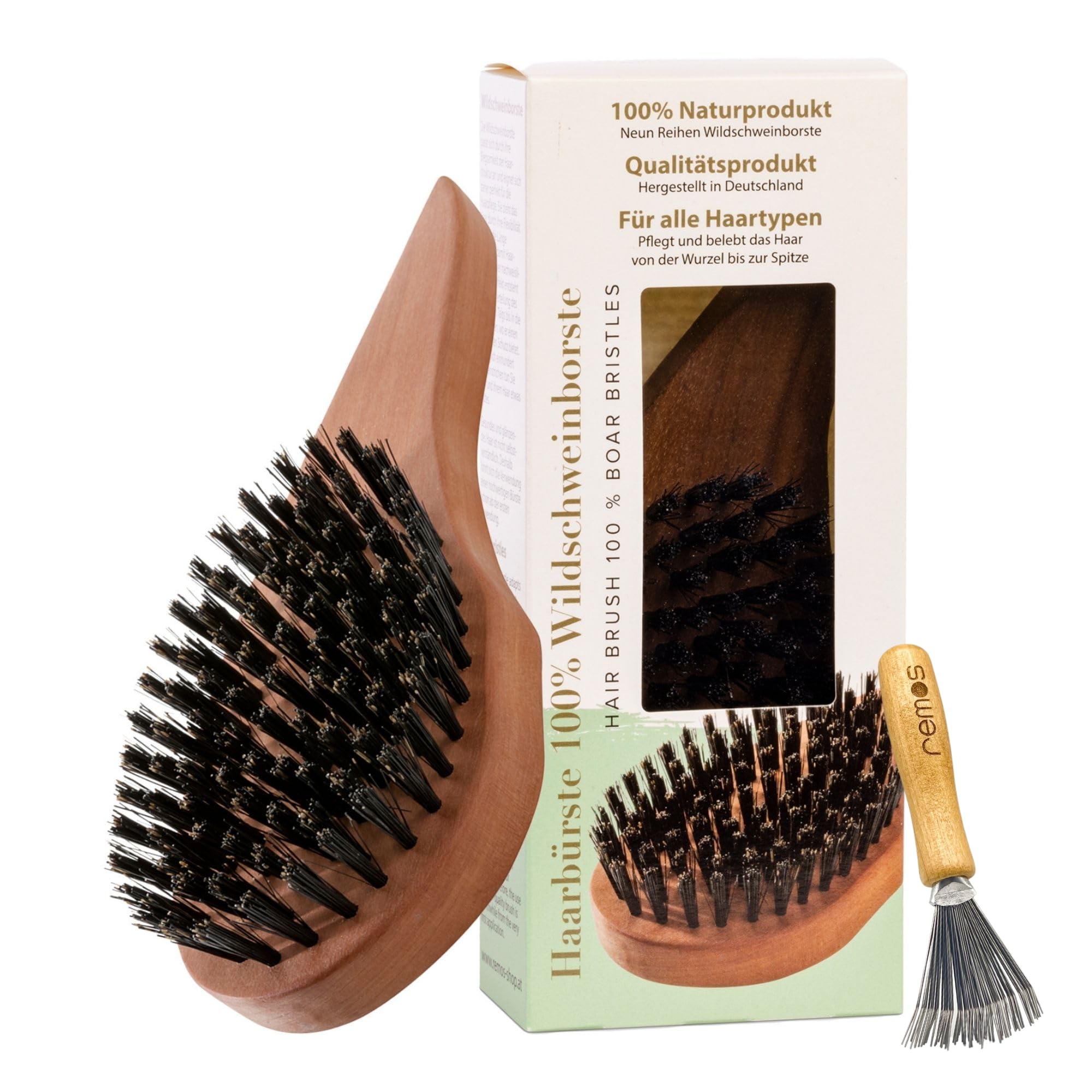 REMOS Natur Haarbürste 100% Wildschweinborstenmit ergonomischem Griff