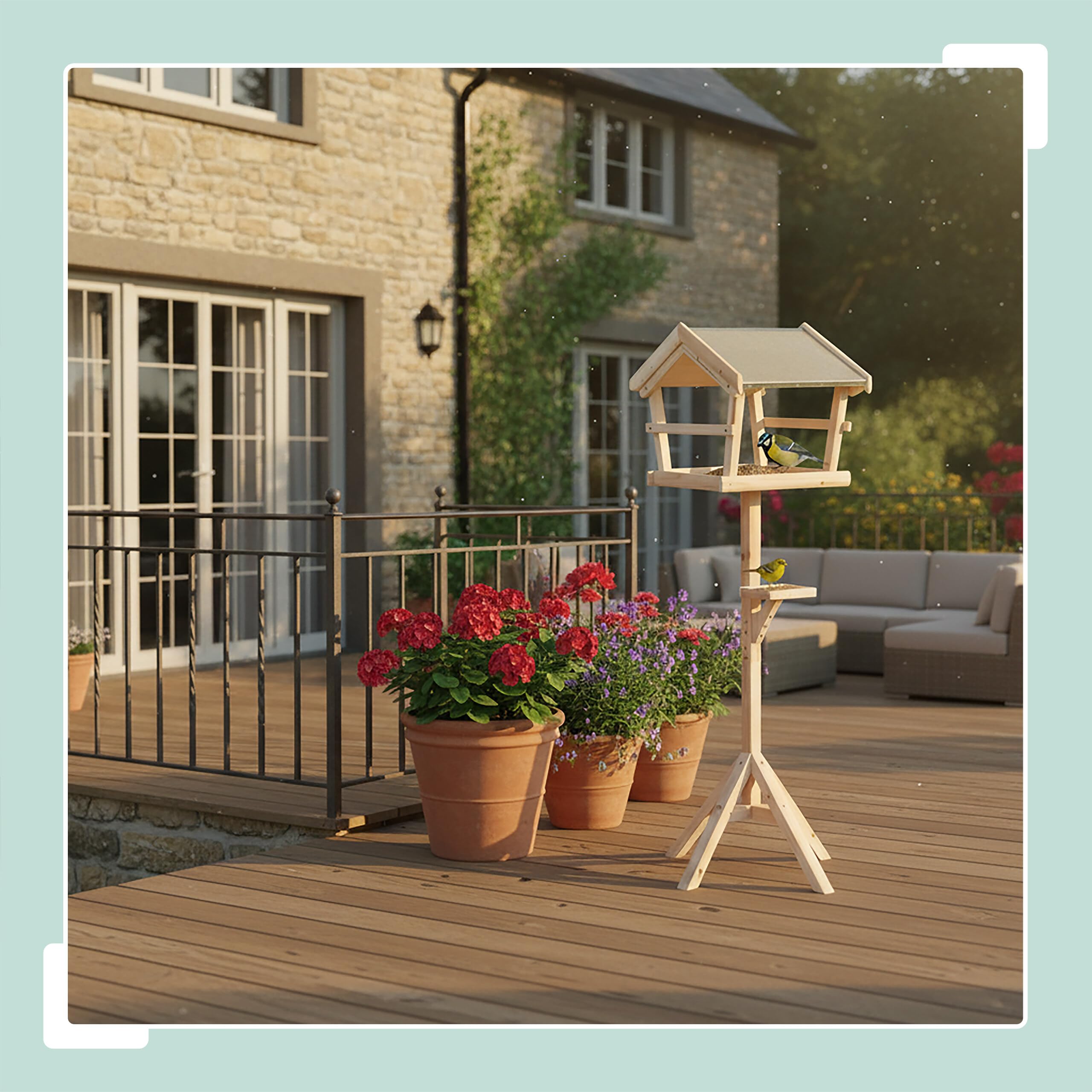 Relaxdays Mangiatoia per Uccelli con Supporto, Tetto Impermeabile, Giardino, Balcone e terrazza, Legno Naturale