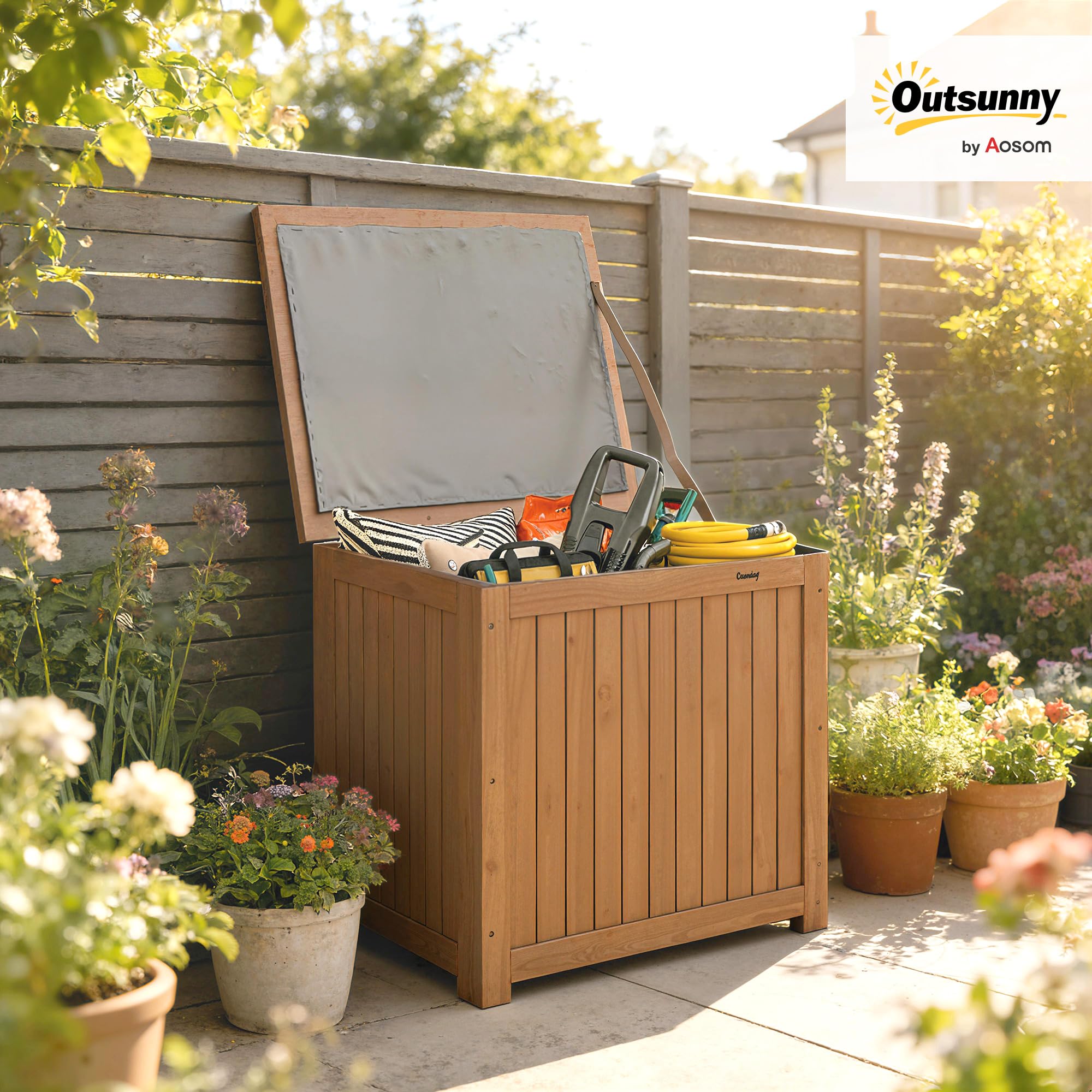 Outsunny Coffre de Rangement en Bois Massif 130L Balcon 63x51x58,5cm Brun