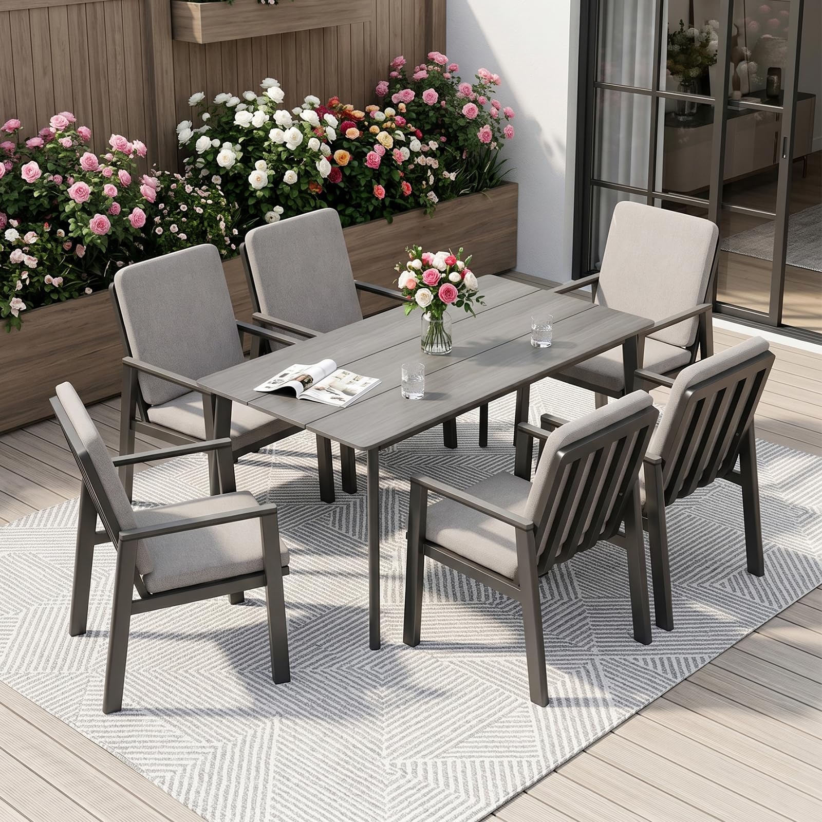 Atenza Gartenmöbel Set 7-teilig wetterfest, Tisch 150x80 cm, 6 Stühle | Aluminiumgestell, PS-Holzoptikplatte, Auflagen mit Haltebändern, verstellbare Füße, für Terrasse Garten Balkon