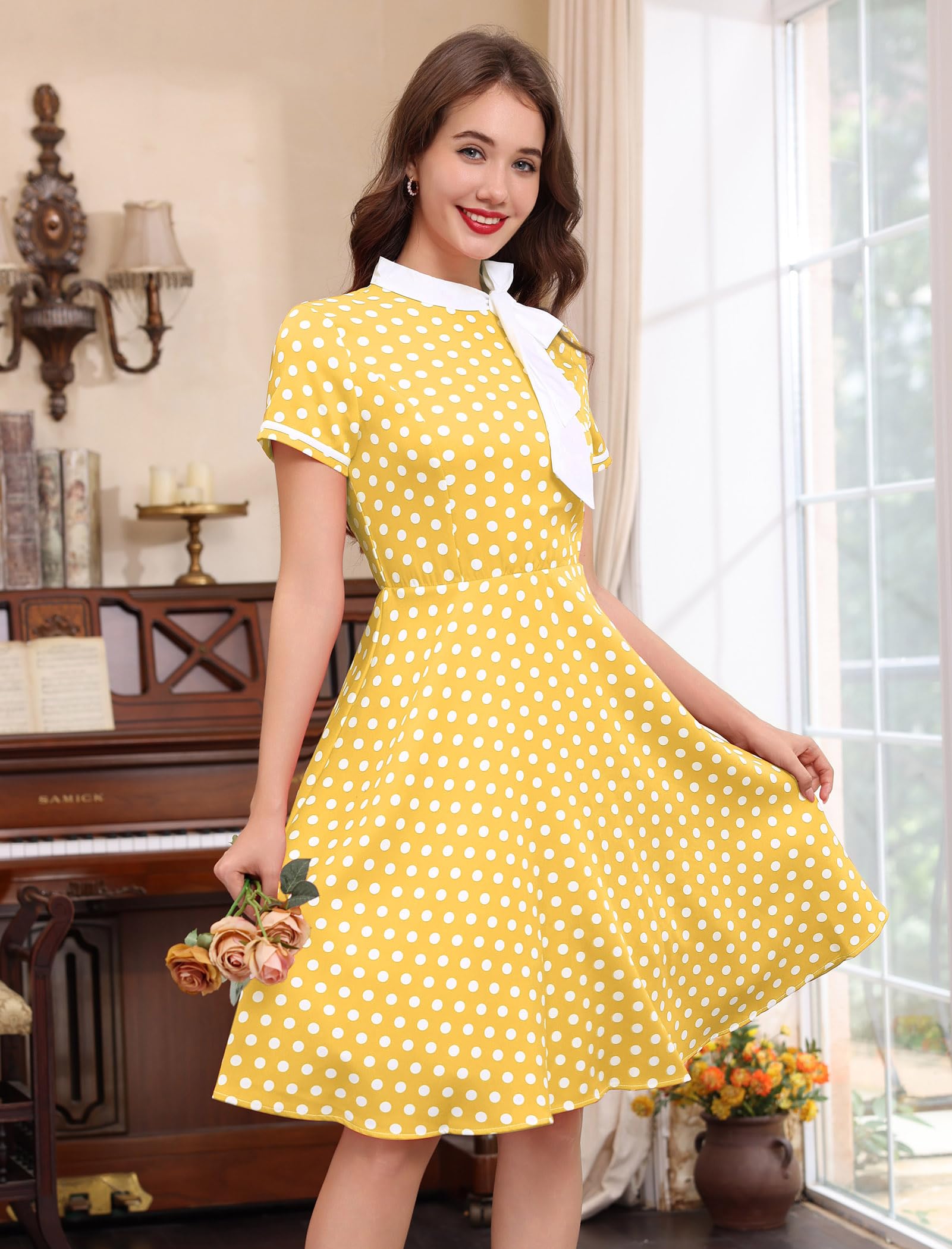 Abito da donna in stile anni '50, vintage, a pois, con fiocco, per lavoro, stile Audrey Hepburn, Rockabilly, cocktail party