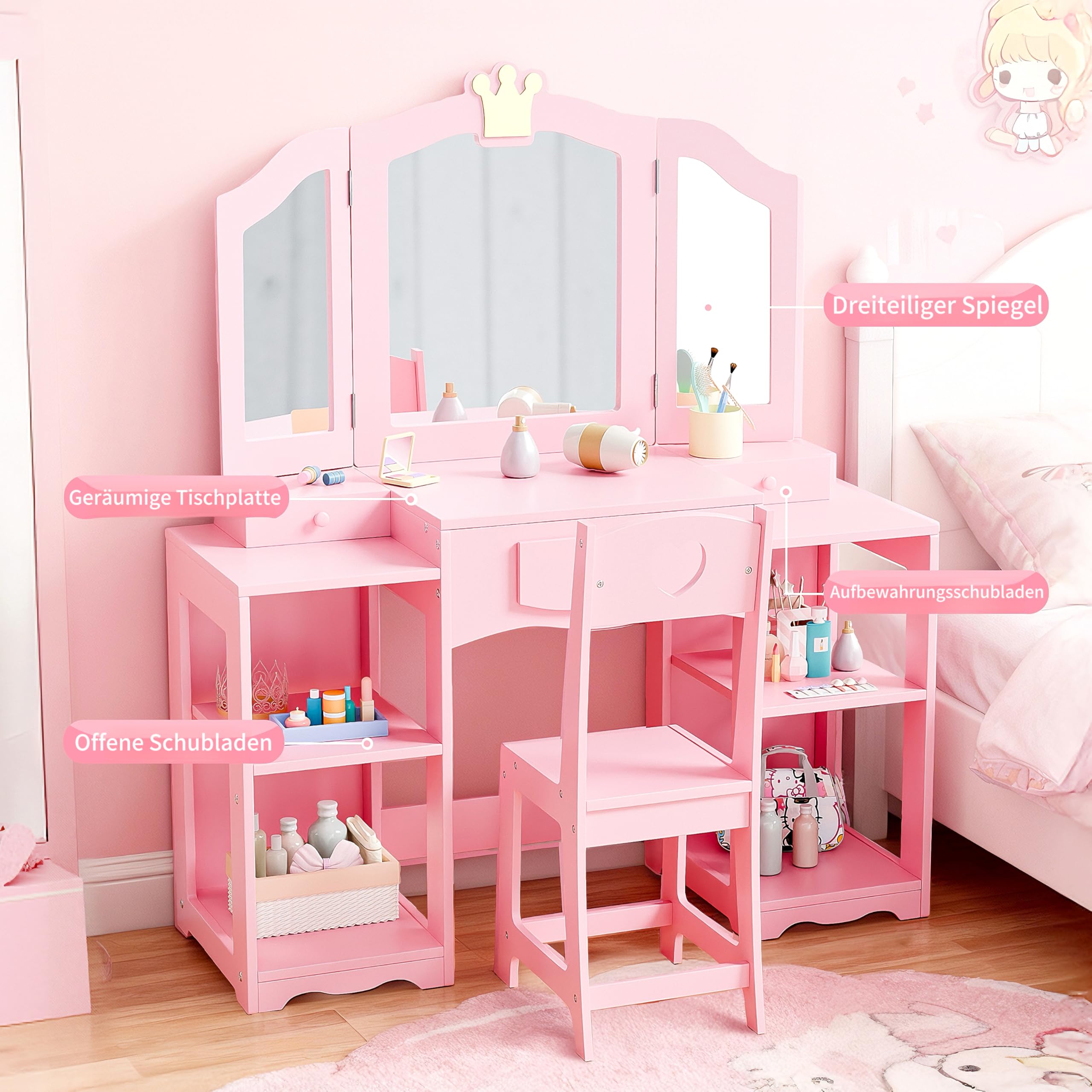 Bonnlo Schminktisch mit Hocker und Abnehmbarer Spiegel, Kindertisch mit Aufbewahrungsboxen und offenen Fächern, für Mädchen ab 3 Jahren, Rosa