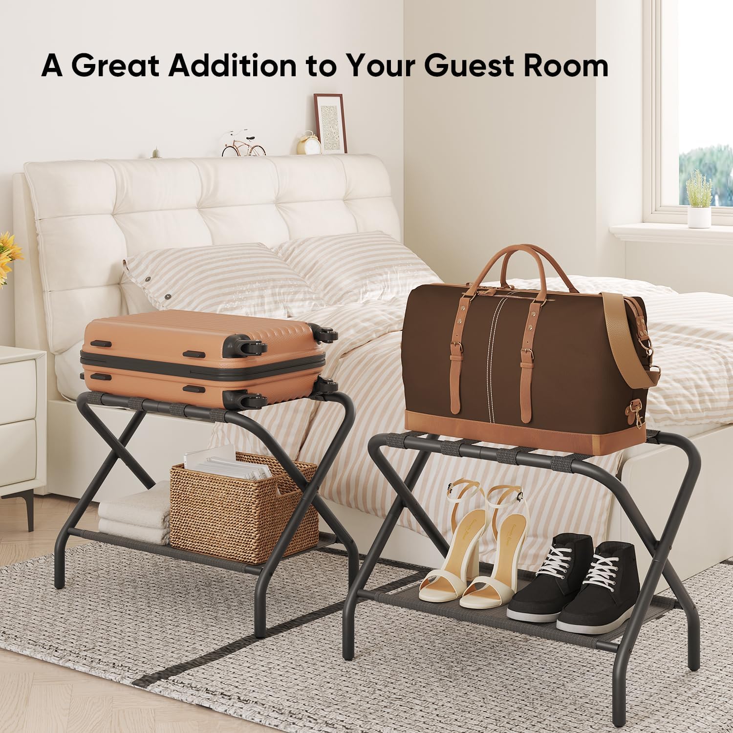 Smart FENDEE Luggage Rack for Guest Room, Flat Folding Suitcase Stand with Fabric Shelf, Steel Portable Luggage Stand Bedroom, Hotel, Easy Assembly, Hold up to 110 lb, Black