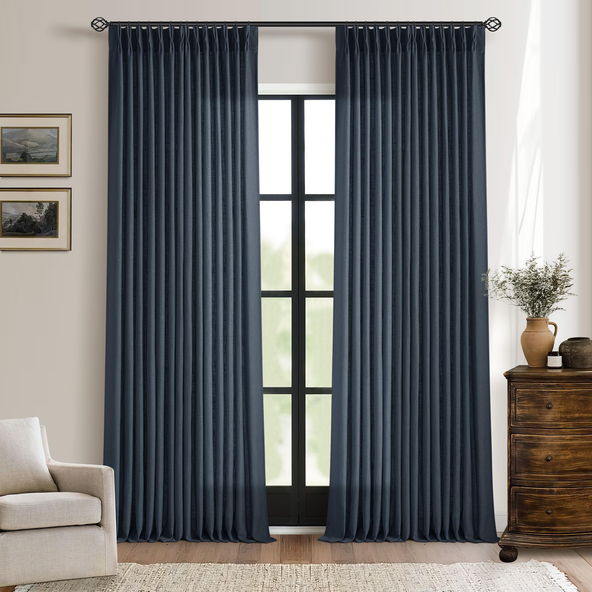 TWODRAPES Pinch Pleated Extra Long Navy Linen Curtains 120 Inches Long
