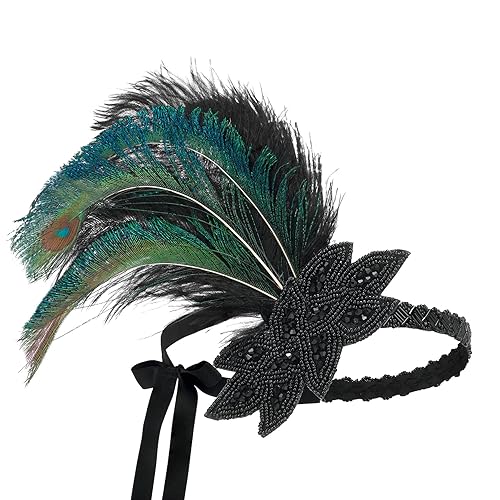 Miniatura 7 de SWEETV Diadema de plumas estilo flapper de los años 20, tocado Showgirl con lentejuelas de los años 20, accesorios para el cabello Gatsby para mujer