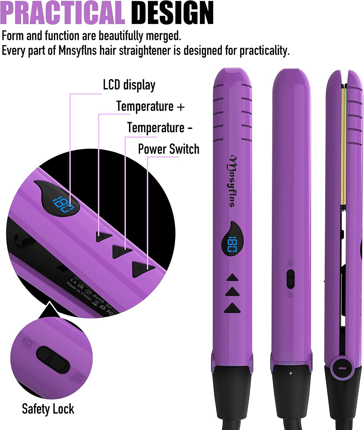 2 in 1 Hair Straightener and Curler-15s Fast Heating Ceramic Flat Iron, LCD Temp Display,Wide Plates for Short/Long Hair, Portable Travel Straightener with Heat-Resistant Glove & Clips,Purple