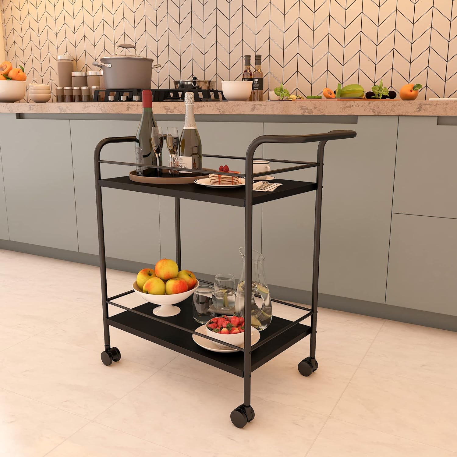 Premium Metal Kitchen Serving Trolley with Wheels Barcart Trolley, Serving Trolley, Utility Cart with Wheels for Kitchen, Dining Room, bar or Living Room Black