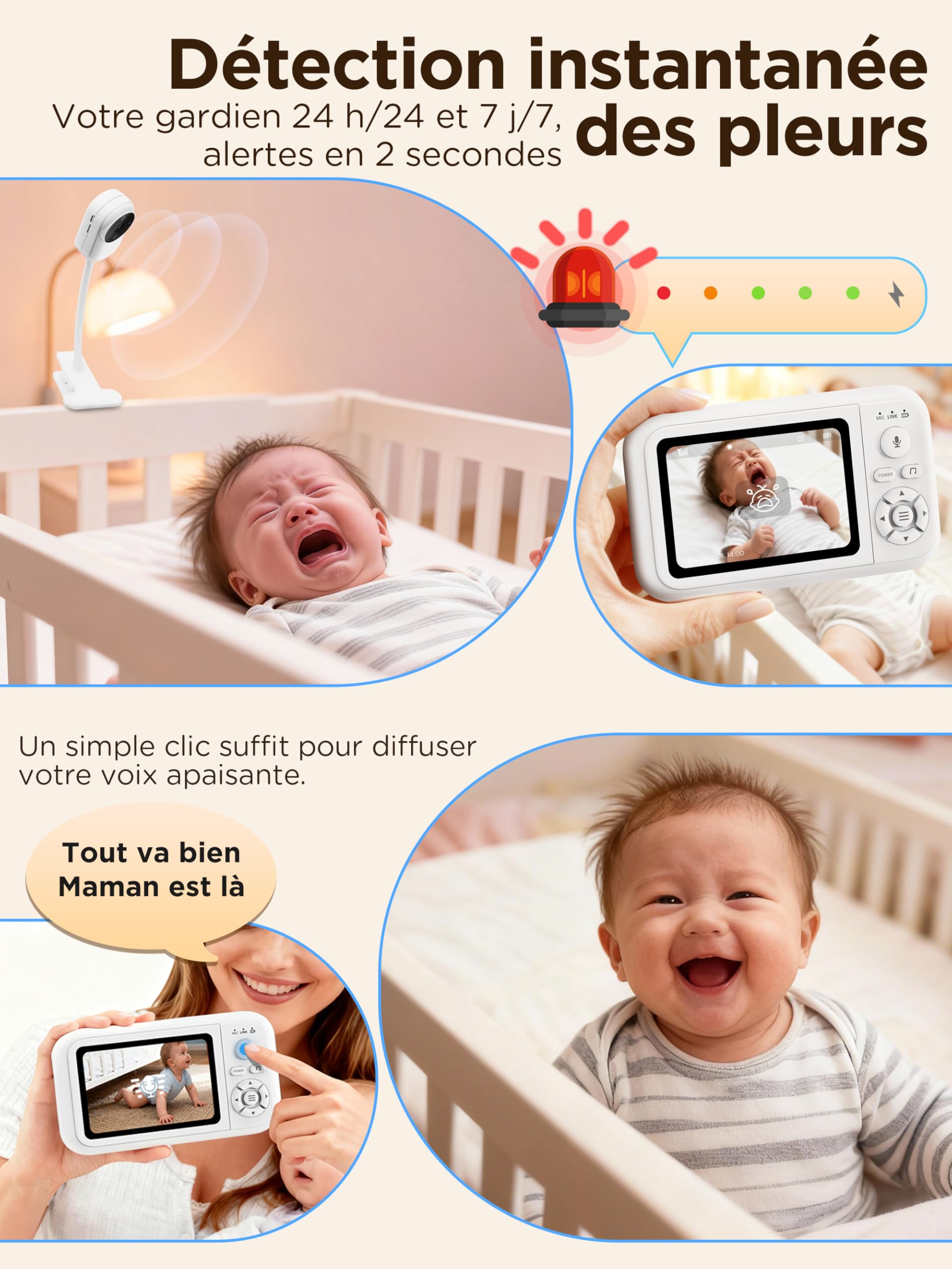 NUOTUN Babyphone Camera sans WiFi avec Support Lit, 1080P Camera Bebe Surveillance avec 3.5" IPS écran, Audio Bidirectionnel, Détection des Pleurs, Vision Nocturne, Berceuses