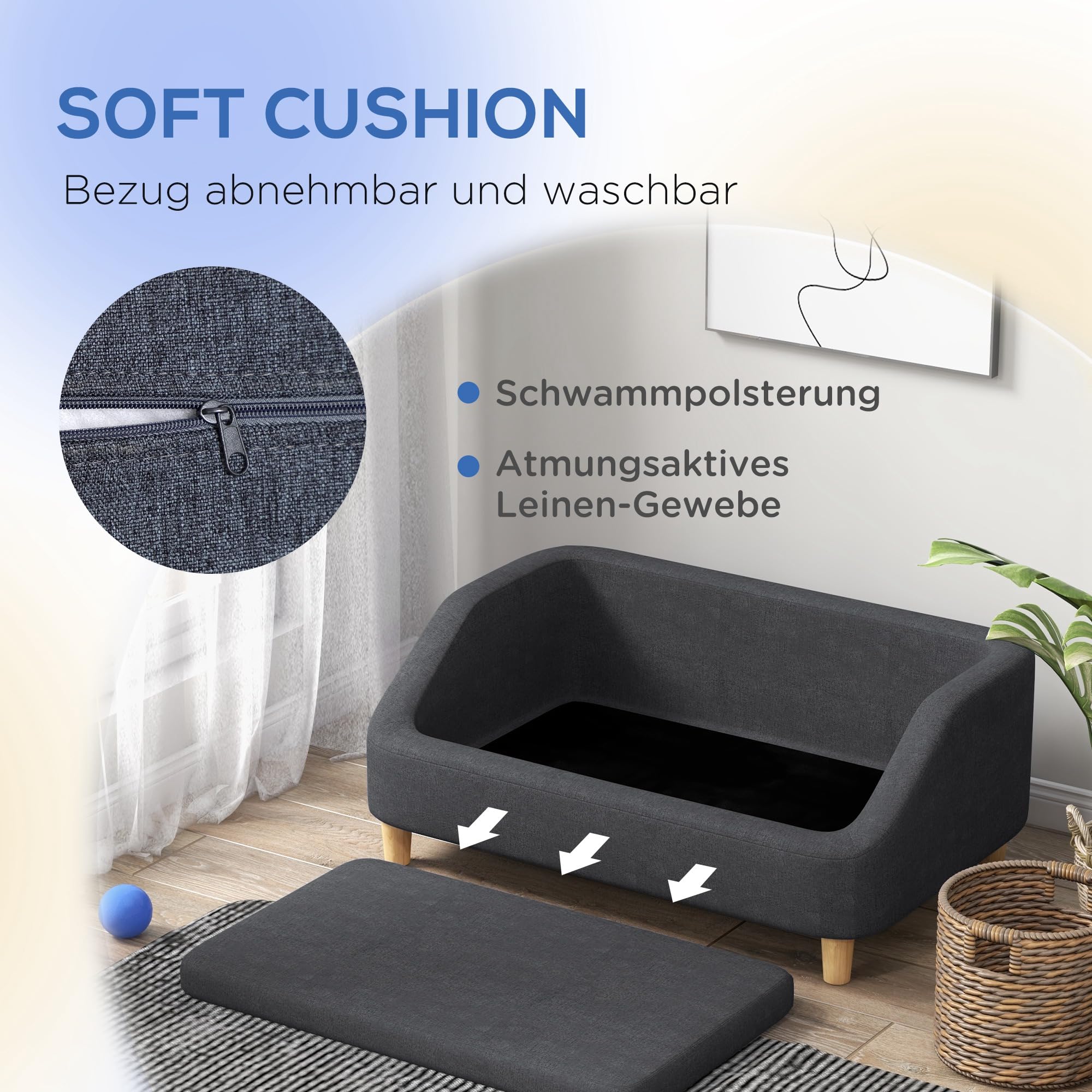 PawHut Sofá para perros, sofá para mascotas, sofá para gatos, cama para perros medianos y grandes, sofá para perros con diseño elevado, sillón para perros con patas de madera, gris oscuro, 95 x 63 x