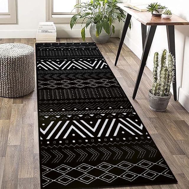 Cekene Runner Rugs for Hallway Non Slip 65x180cm Moroccan Nylon Kitchen Runners Rug Washable Black Hallway Runner Low Pile Carpet Runners for Kitchen Hallway Laundry Room