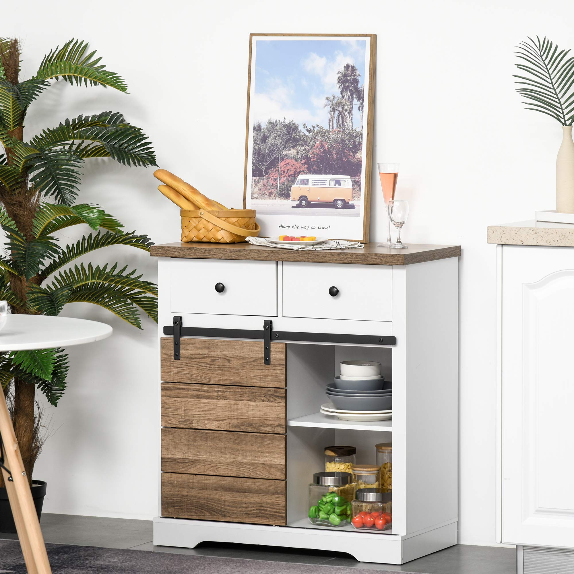 HOMCOM szafka kuchenna kredens z 2 szufladami półki na wino drzwi przesuwne komoda regulowane półki szafka na naczynia styl rustykalny kolor biały 80 x 39 x 86 cm