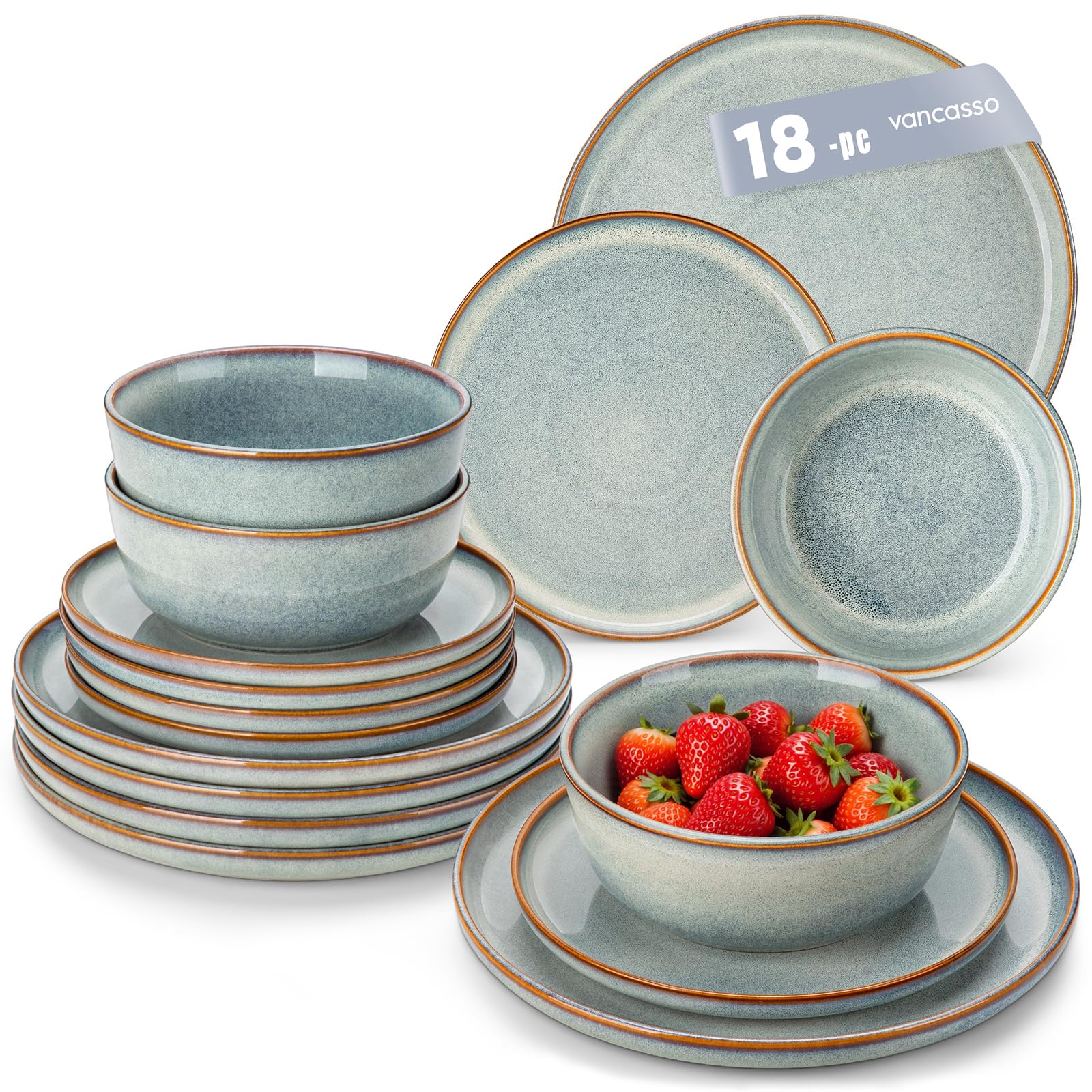 vancasso Playa Dinner Sets for 6 People, 18 Pieces Reactive Glaze Plates and Bowls Set, Scratch Resistant Stoneware Dinnerware Sets, Dishwasher and Microwave Safe, Light Blue
