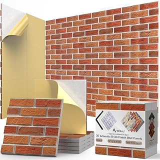ArtVivid 12-Pack Self-Adhesive 3D Brick Acoustic Panels - High-Density Soundproof Wall Panels for Studios, Offices, Home Theater, Red 12x12x0.4"