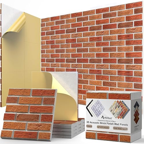12Pack Acoustic Panels, Self-Adhesive 3D Brick Pattern Sound Proof Panels for Walls, High Density Decorative Sound Dampening Wall Panels for Recording Studios, Offices, Home, 12"×12"×0.4", Red - 12"×12"-Brick - Red