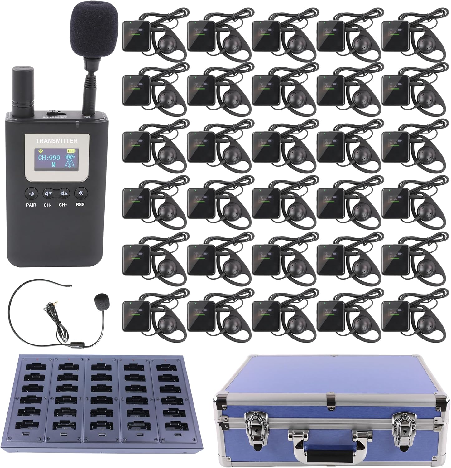 Wireless Tour Guide System, Tour Guide Microphone and Speaker Tour Guide Headsets, 1 Transmitter 30 Receivers 1 Charger 1 Storage Case, Bluetooth Headsets System for Training Church Factory