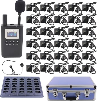 Wireless Tour Guide System, Tour Guide Microphone and Speaker Tour Guide Headsets, 1 Transmitter 30 Receivers 1 Charger 1 Storage Case, Headsets System for Training Church Factory
