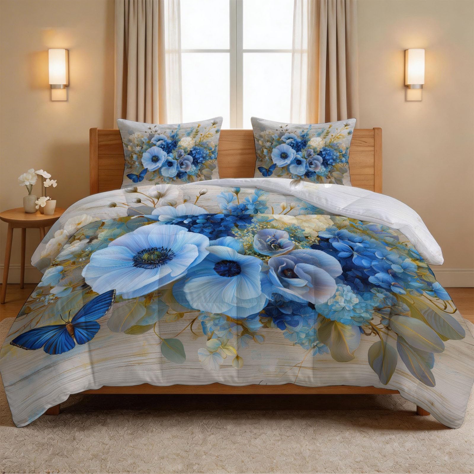 Couette 140 x 200 cm avec 2 taies d'oreiller motif fleurs champêtres pour lit 1 personne