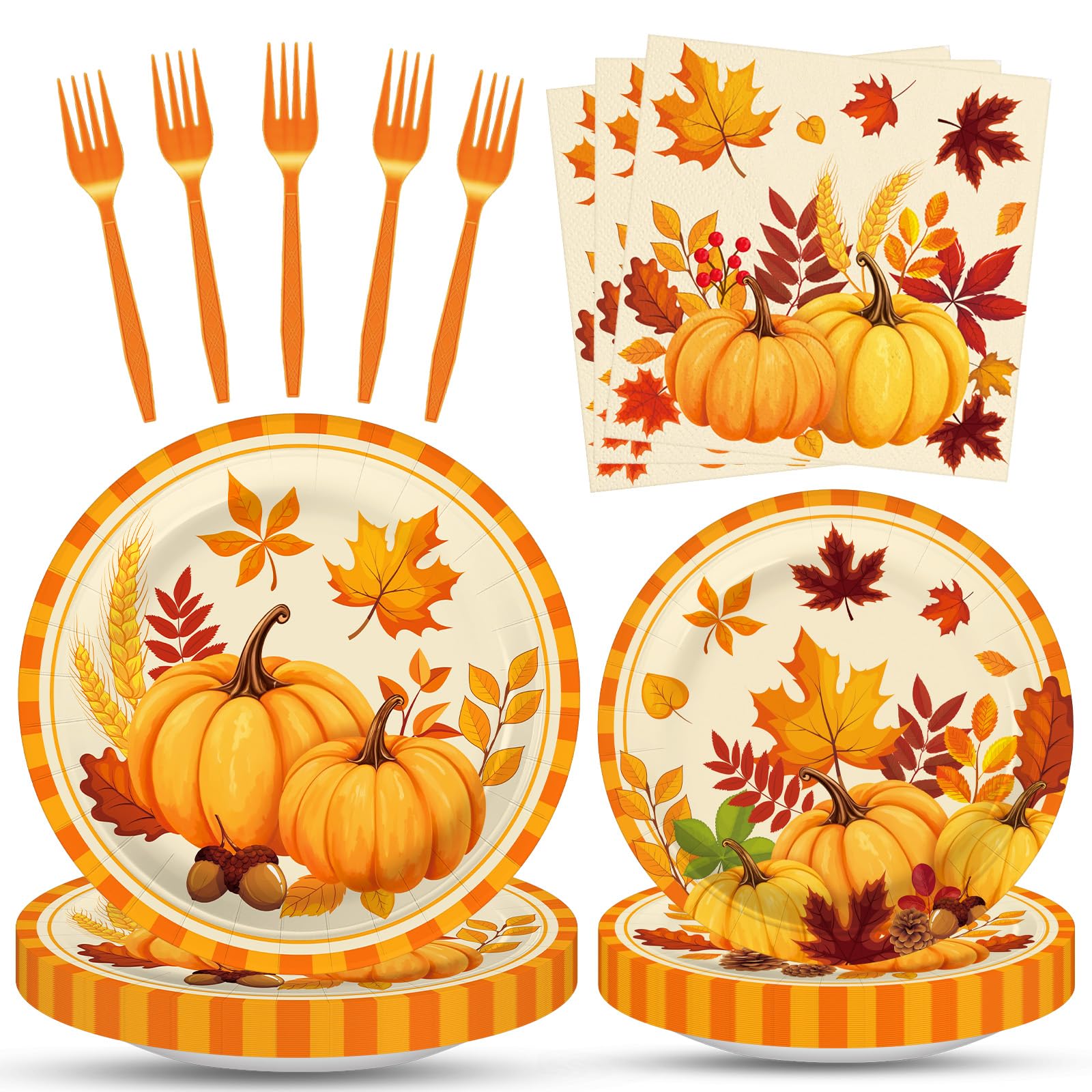 Photo 1 of 100 Pcs Fall Pumpkin Leaves Tableware Party Supplies Set, Serves 25 – Disposable Autumn Harvest Paper Plates, Napkins, and Forks, Thanksgiving Day Dinnerware for Friendsgiving Gatherings Decorations