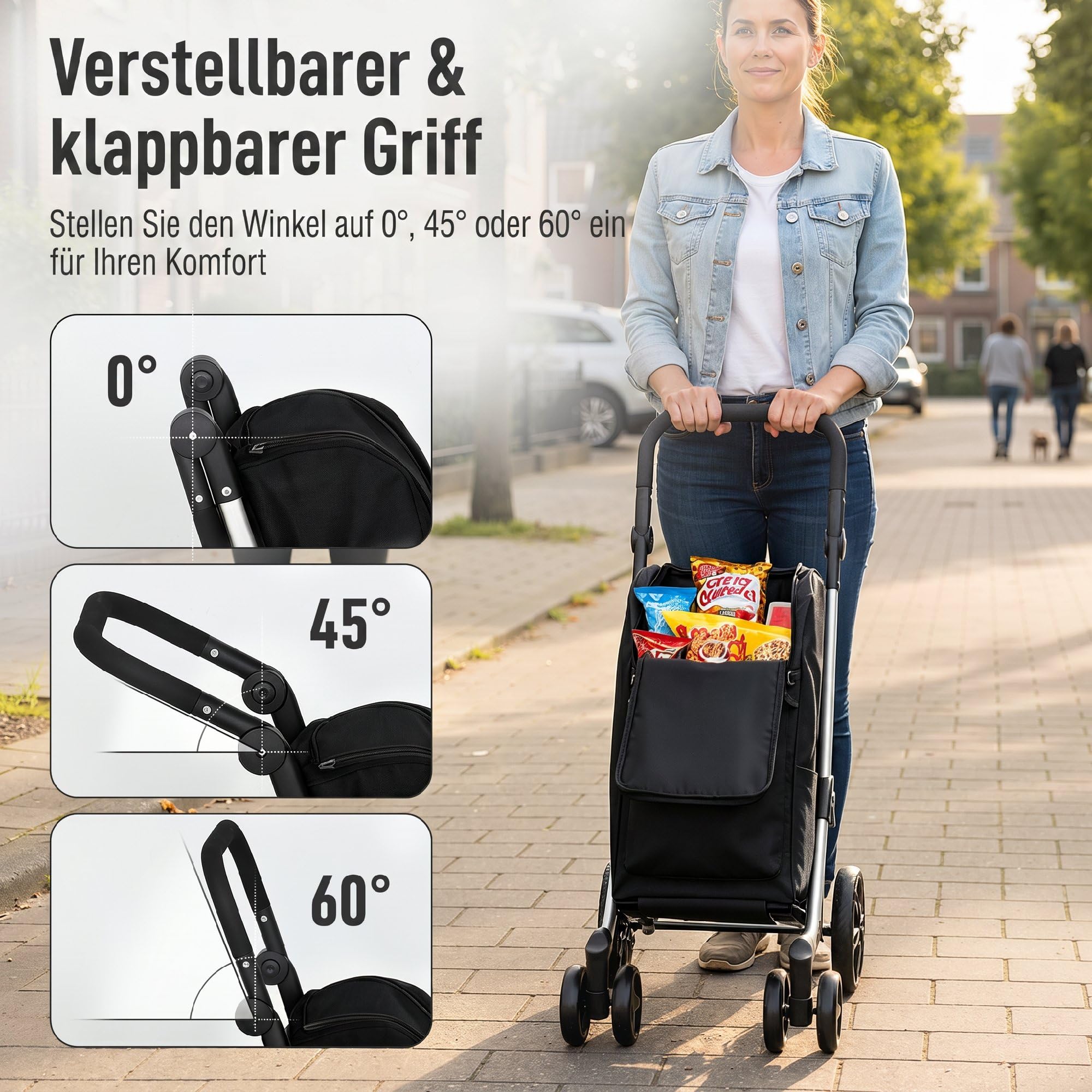 HOMCOM Einkaufstrolley Klappbar mit Kühlfach, 46L, Schwarz | Einkaufswagen, 3in1 Trolley, Sackkarre & Umhängetasche, Verstellbar Griff, Einkaufsroller mit Abnehmbarer Tasche, 6 Rädern