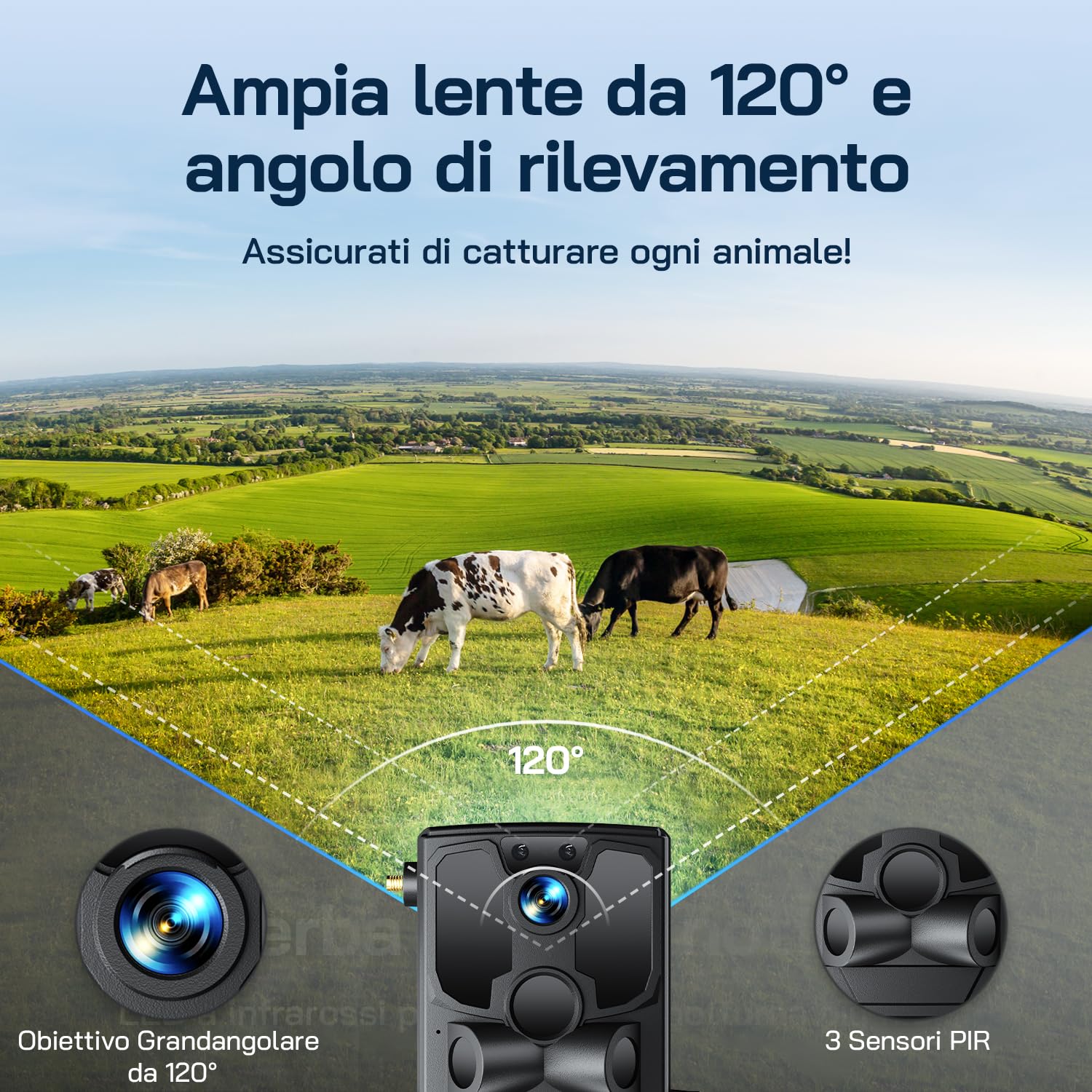 WOLFANG Fototrappola, 4G LTE Fototrappola Solare 2.5K con Scheda SIM Preinstallato e SD, Fotocamera con Allarme, Visione Notturna, Angolo 120° 82ft, Tempo di Scatto 0,2s, IP66 Impermeabile, Nero