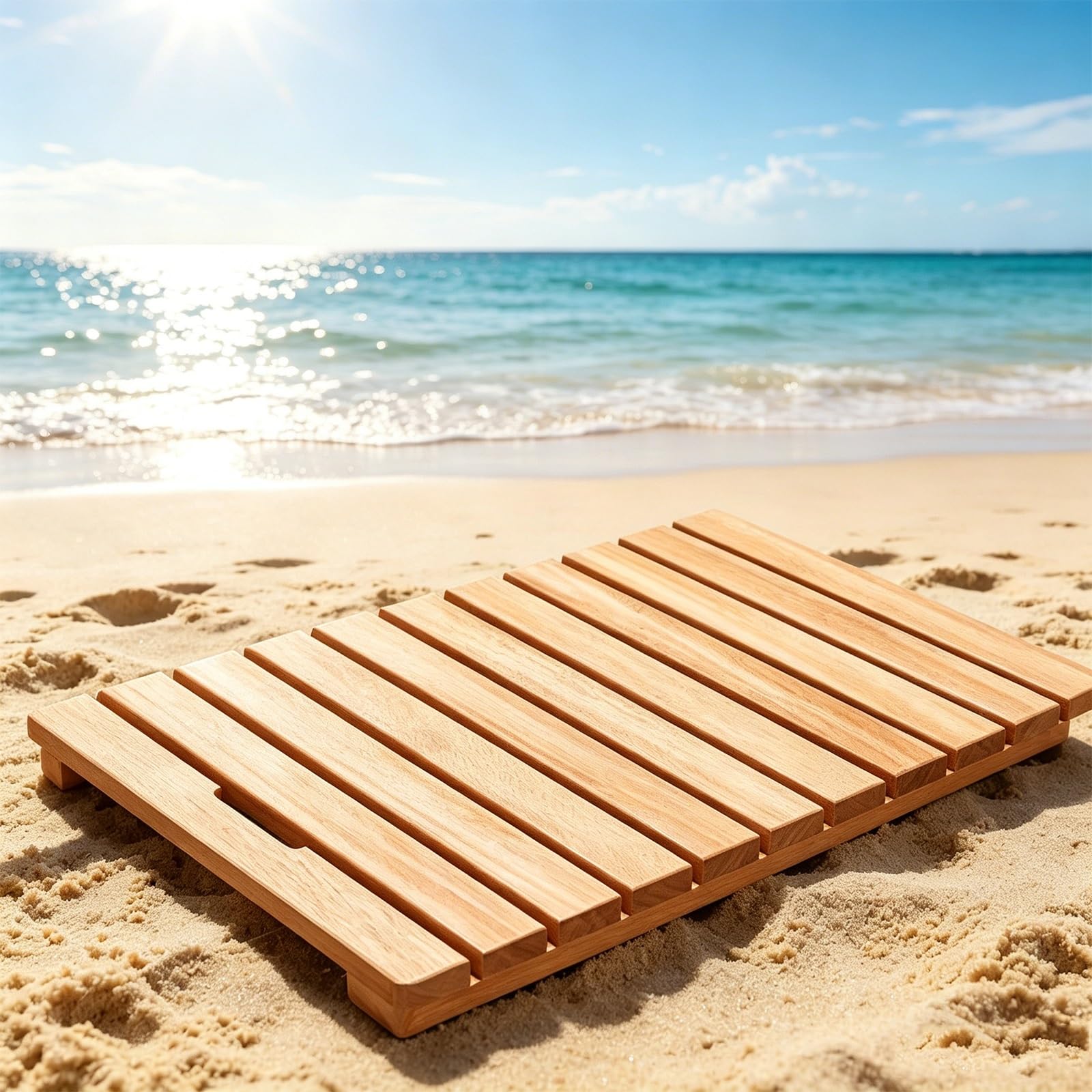 Tappetino da Bagno in Legno di Teak Pedana Doccia Impermeabile Design a Doghe, Design Rialzato per Doccia Esterna(60x60cm/23.6x23.6in)