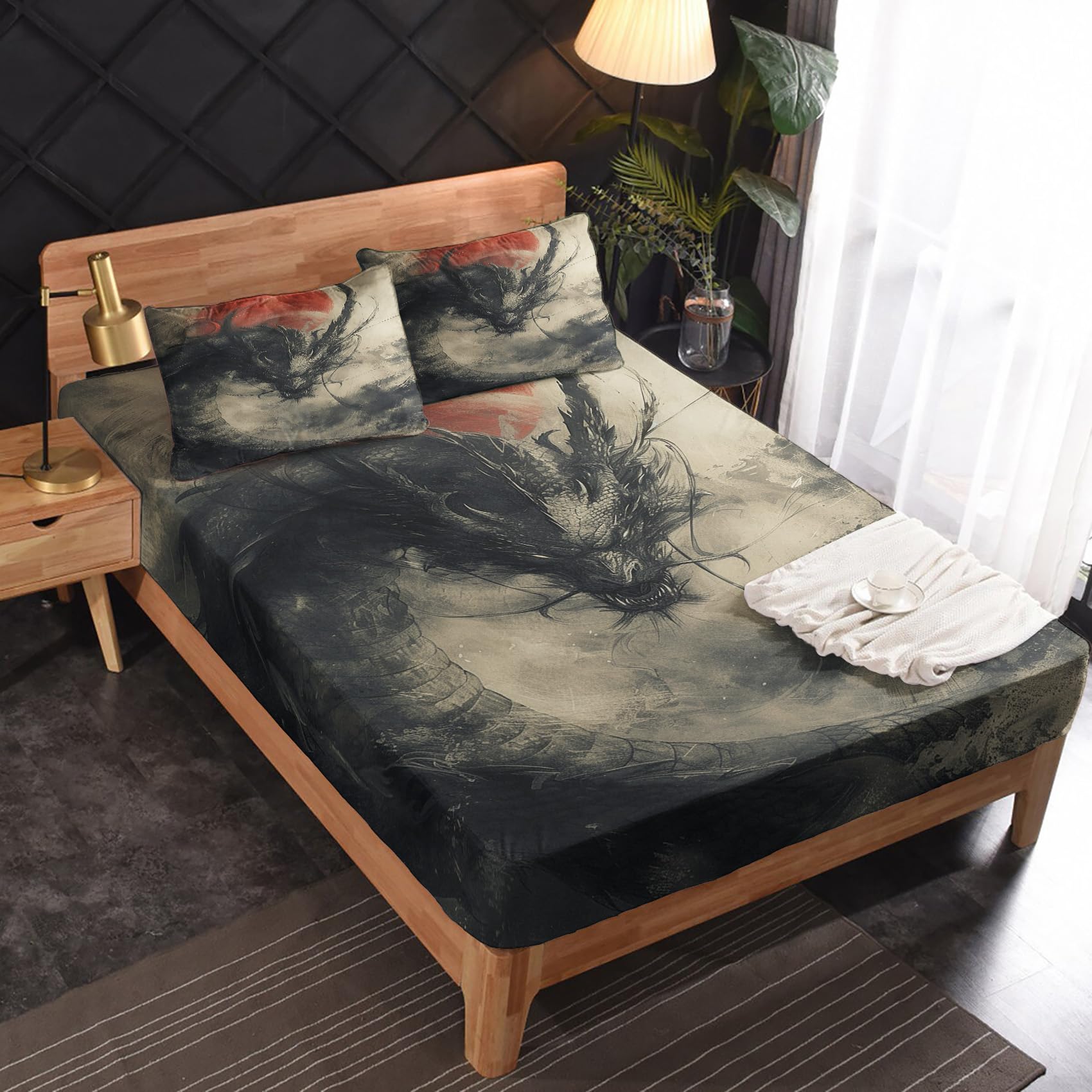 Zvynqour - California King Size Dragon Sheet Set, Japanese Bed Sheets with Deep Pocket, Flat Sheets and Pillowcases, 4 Piece Set, Bedding & Decor