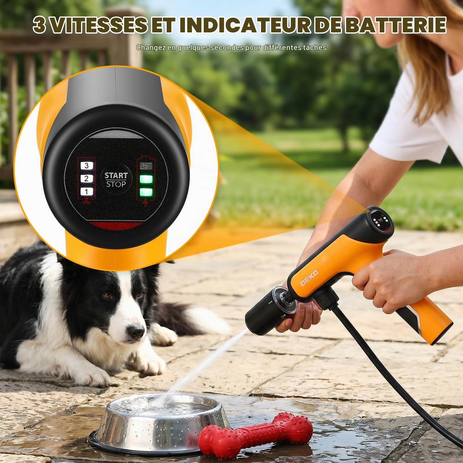 DEKOPRO Nettoyeur Haute Pression sans Fil, 130 PSI Pistolet À Eau Haute Pression Batterie, Laveur Jet Portable 5 Modes Nettoyage, Idéal Lavage Voiture, Jardin, Terrasse, Sol et Nettoyage Animaux