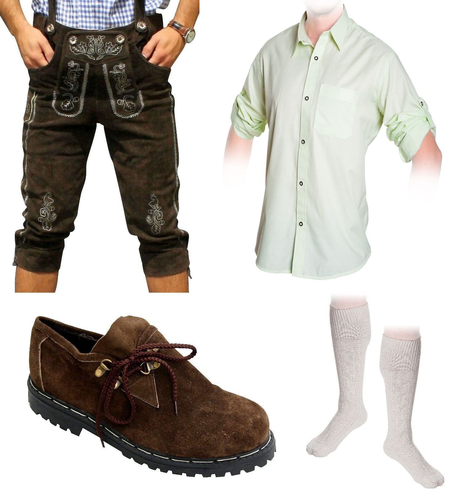Herren Trachten Set D 5-teilig Trachten Lederhose dunkelbraun 46-60 Trachtenhemd Schuhe Socken Oktoberfest