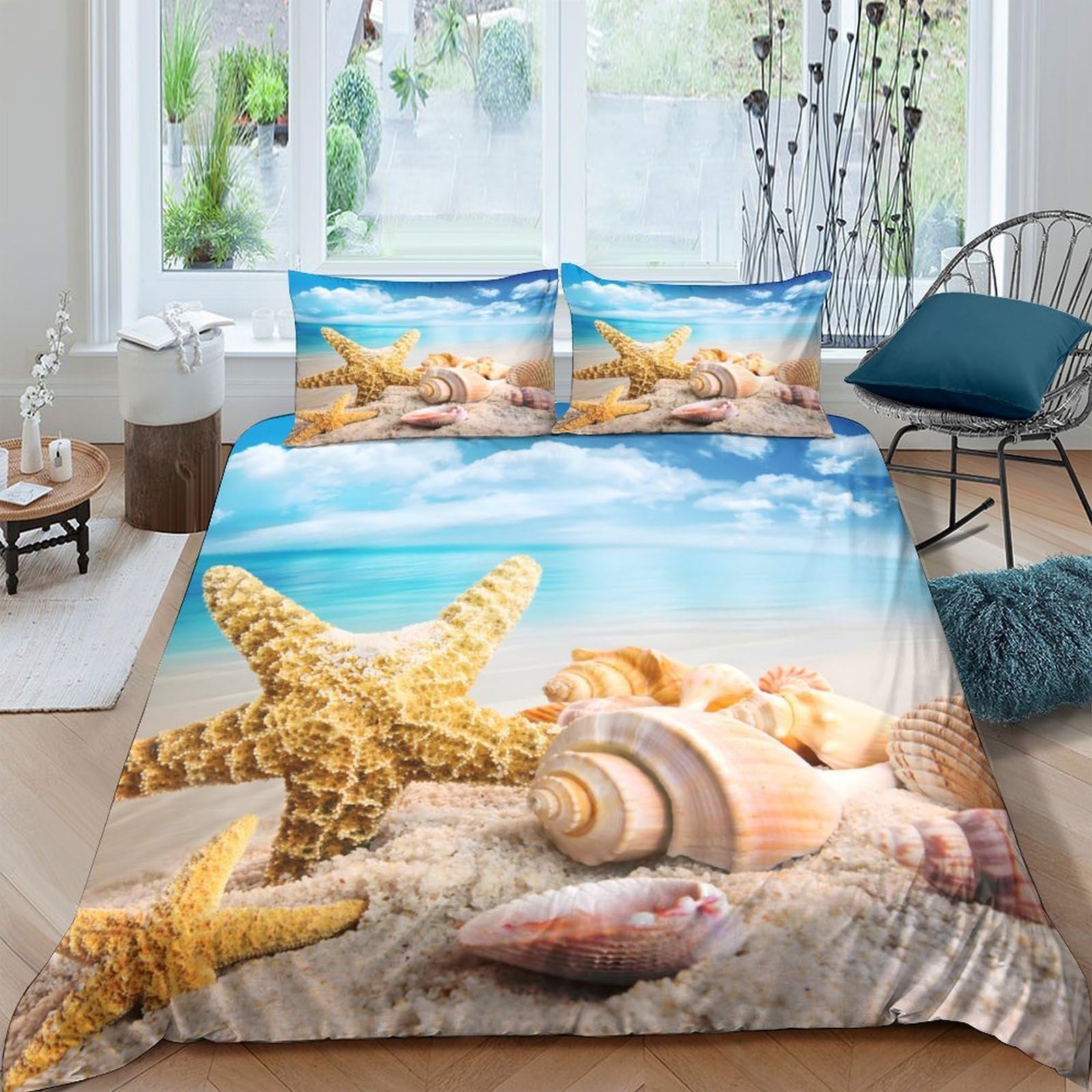 Ctjqhvkz Style-8 3D Printed Beach Starfish Fitted Sheet Microfiber Soft Sand Seashell Mattress Cover For Bedroom Guest Room Easy Care Single（135X200cm）