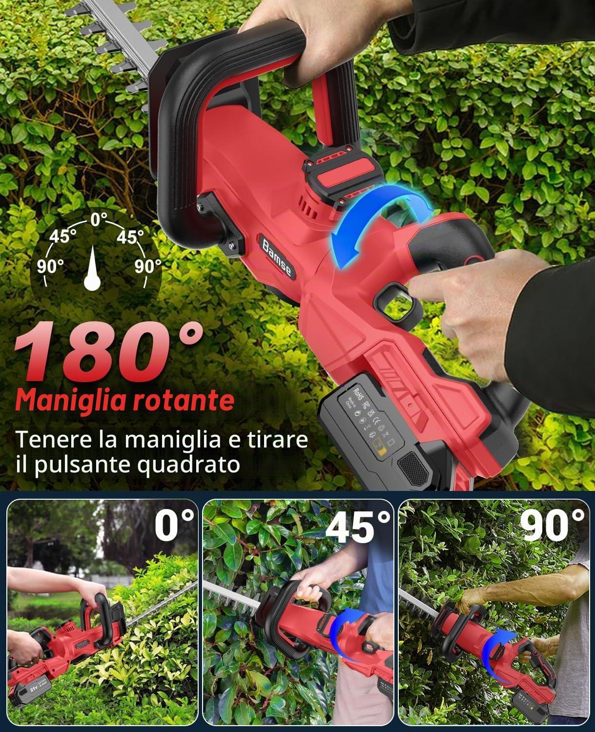 Tagliasiepi a Batteria 21V, Tagliasiepi Elettrico con 4.0Ah Batteria, 180° Regolabile Tagliasiepi, 51cm Lunghezza Lama, 16mm Distanza tra i Denti, Copri Lama per Siepi, Rami, Arbusti, Ramoscelli