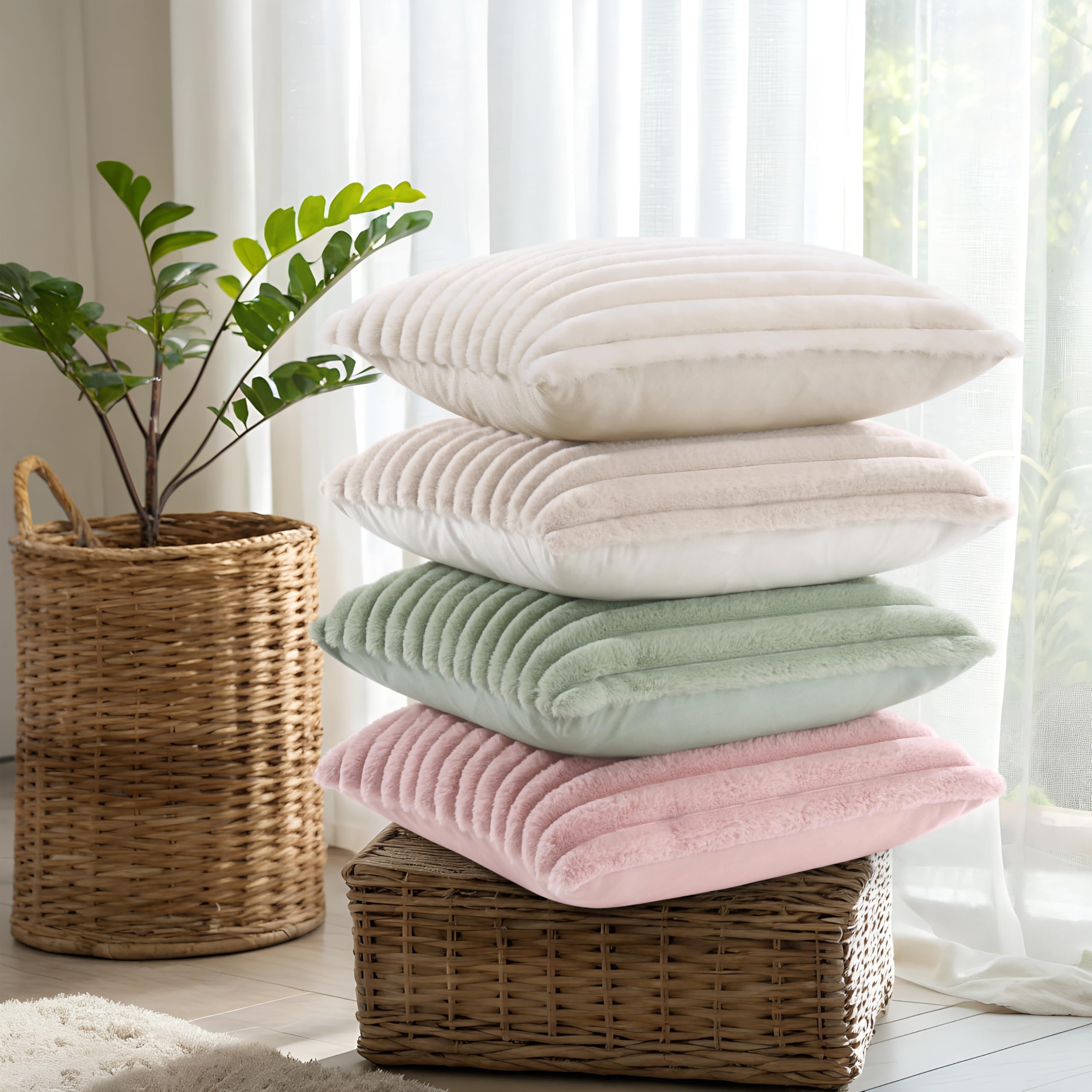 decorUhome Set di 4 federe per cuscini in finta pelliccia, 45 x 45 cm, decorative, moderne e morbide federe in peluche a righe con retro in velluto, per divano, letto, soggiorno, bianco/rosa