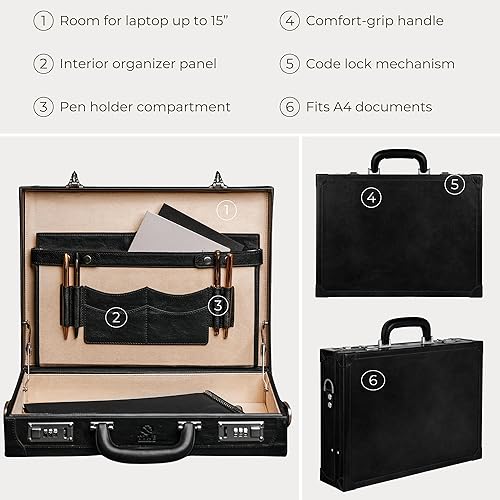Miniatura 6 de Time Resistance Funda de cuero para portátil de hasta 15 pulgadas - Maletín de cuero italiano de grano completo - Estuche rígido con cerradura