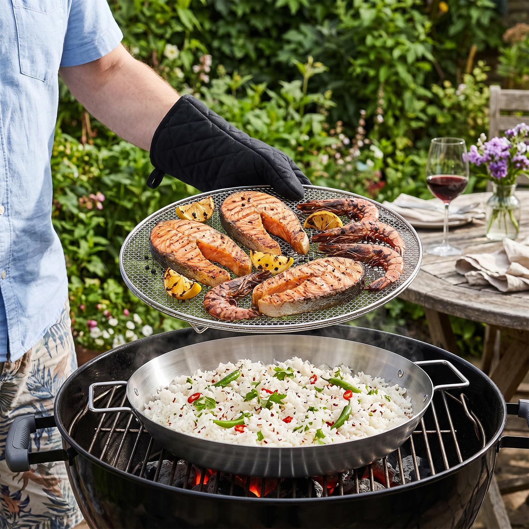 onlyfire Edelstahl Paellapfanne Set mit Grillgitter für Gasgrill