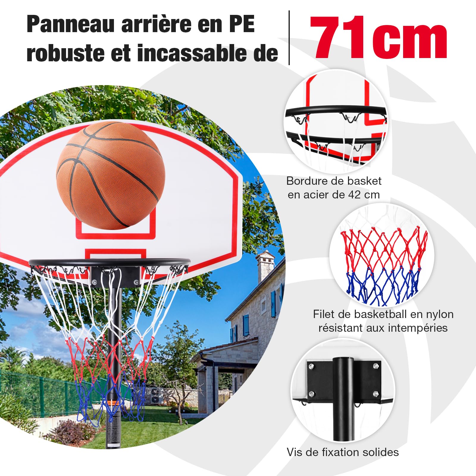 GYMAX Panier de Basket-Ball Extérieur pour Enfants, Hauteur Réglable 178-208cm, 2 Filets Inclus, Mobile avec Roues, Base Remplissable d'eau 25kg ou Sable 30kg