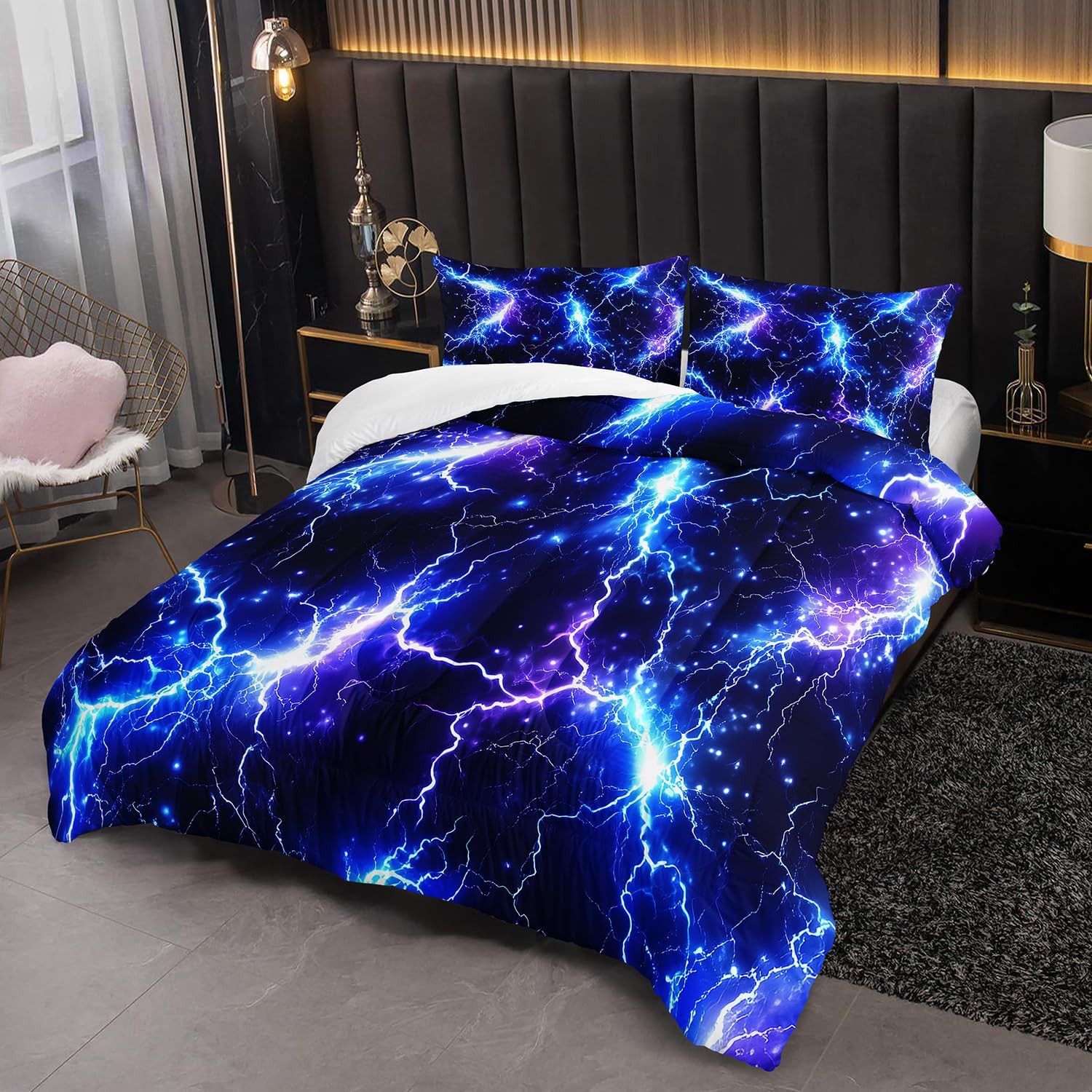 Blue Lightning Printed Themed Comforter 3Pcs Full Sky Natural Disaster Thunder Bedding Set for Kid Teen Girl Boy Adult Mysterious Thunderstorm Quilt Bed Decor with 1 Comforter & 2 Pillowcases