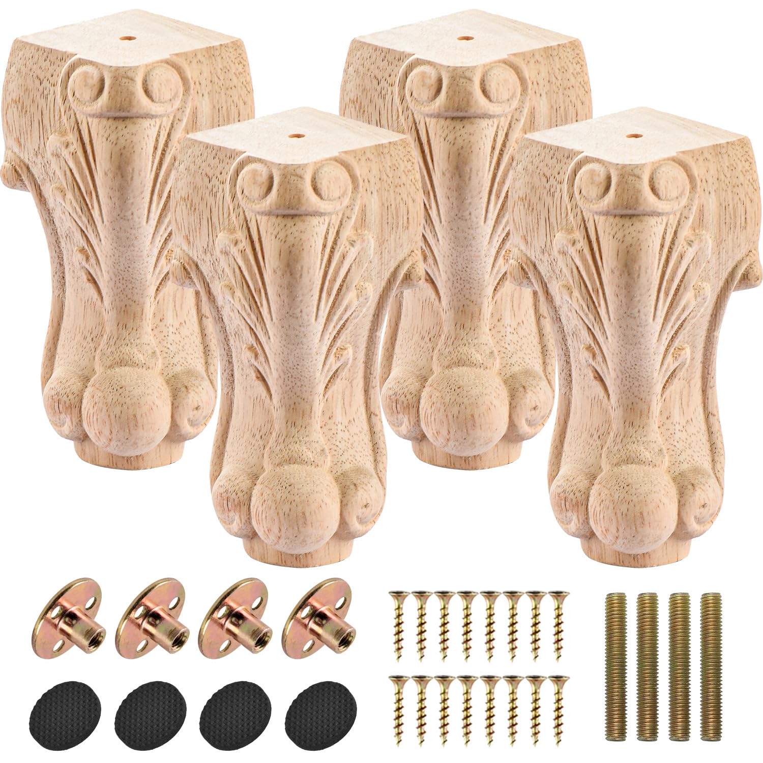 Btowin VCF 8 Inch / 20cm Wooden Furniture Legs, 4PCS Solid Wood Carved Geometry Sofa Legs Unfinished DIY Replacement Bun Feet with Mounting Plate & Screws for Sofa Cabinet Couch Table TV Stand