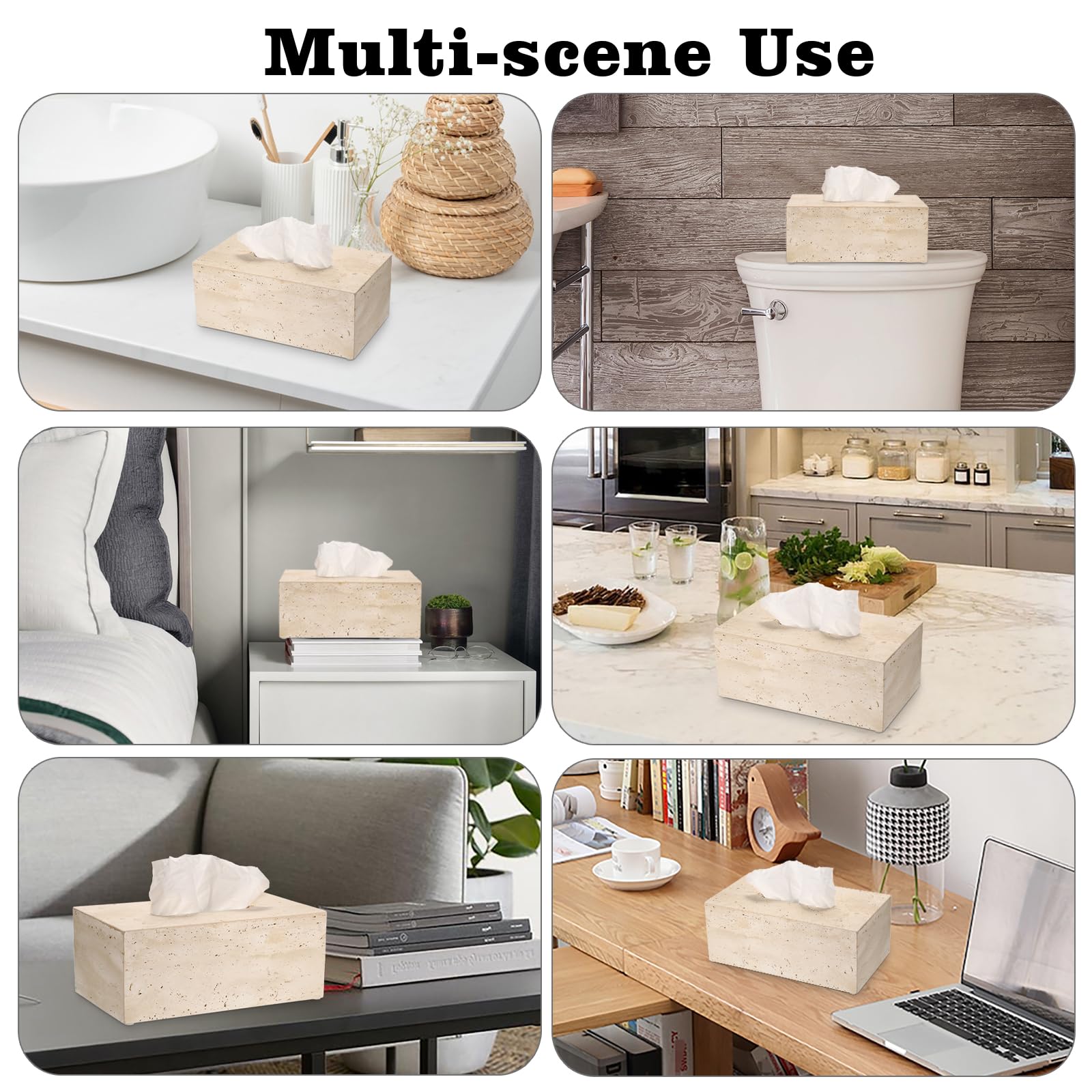 Sumnacon Rechteckige Taschentuchbox-Abdeckung, natürlicher Travertin, mit Pads, robuster Stein-Tücherbox-Halter, wunderschöner Taschentuchhalter für WC, Badezimmer, Küche, Wohnzimmer, Tisch, Hellbeige