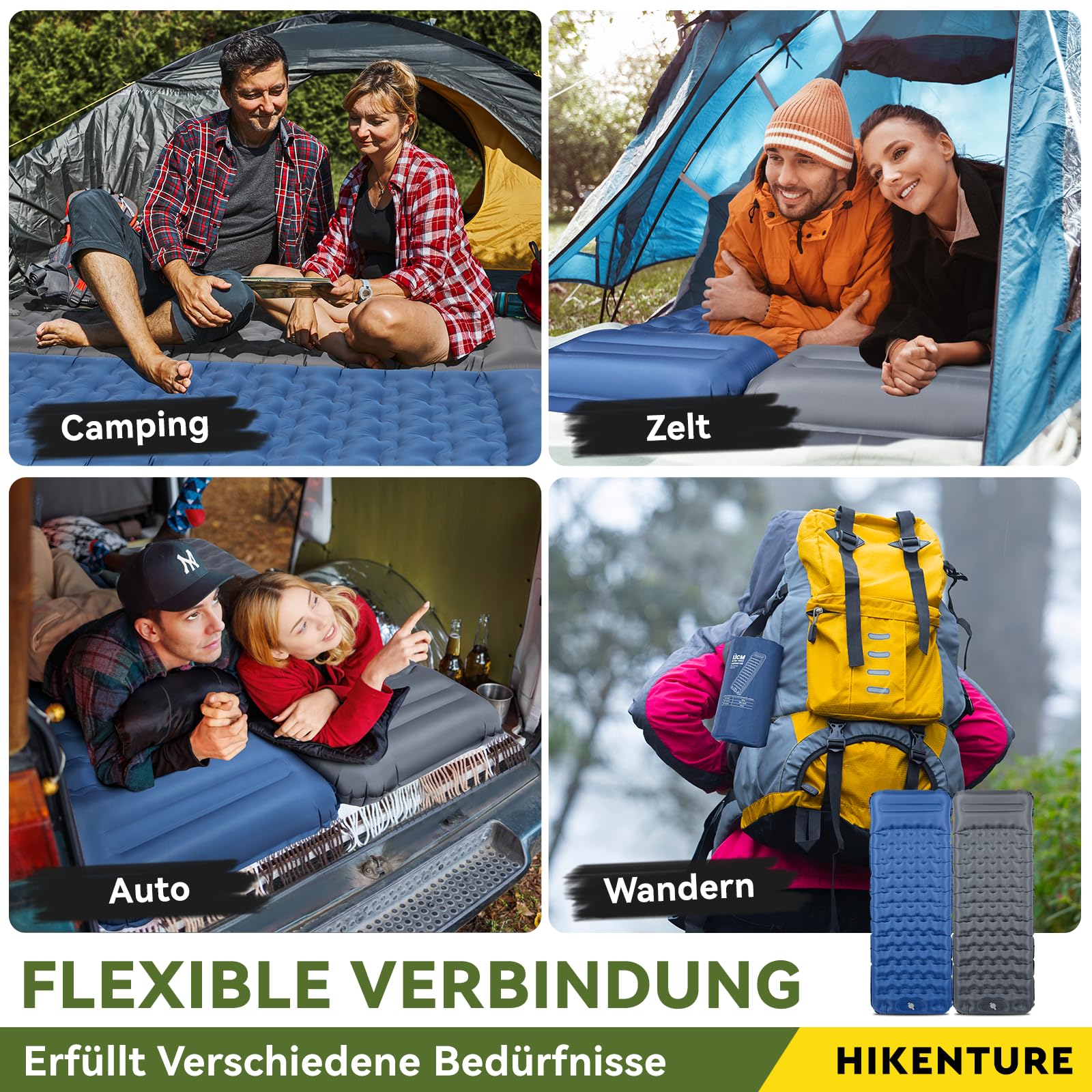 HIKENTURE Alfombra para dormir autoinflable, de 13 cm, para camping, con cojín, inflable, tamaño pequeño, ultraligera, con bomba de pie, para exteriores, senderismo, tienda de campaña