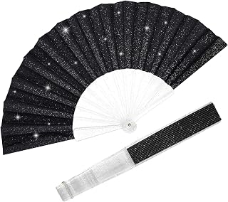 Glitter Folding Hand Fans for Women Foldable Handheld Clack Fans for line Dancing, Wedding, Church, Festival, EDM, Party, Club, Rave Accessories (9" Black 03)