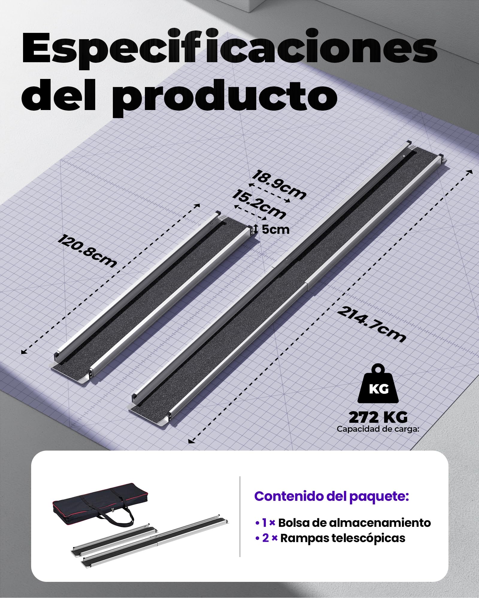 FACHNUO Rampas telescópicas para sillas de Ruedas Antideslizantes, 2 rampas de Aluminio para sillas de Ruedas de hasta 272 kg, rampa portátil con Bolsillos de Tela, rampas para escaleras