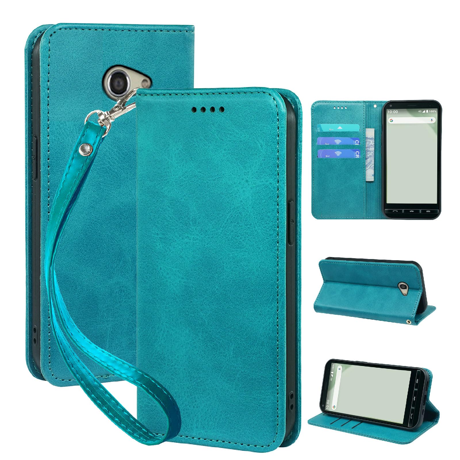 Seninhi 対応 京セラ BASIO4 KYV47 / かんたんスマホ2 A001KC ケース 手帳型 手縫いレザー スマホカバー 財布型 携帯ケース カード収納 スタンド機能 耐衝撃 360°保護 ベルトループ付き (グリーン)
