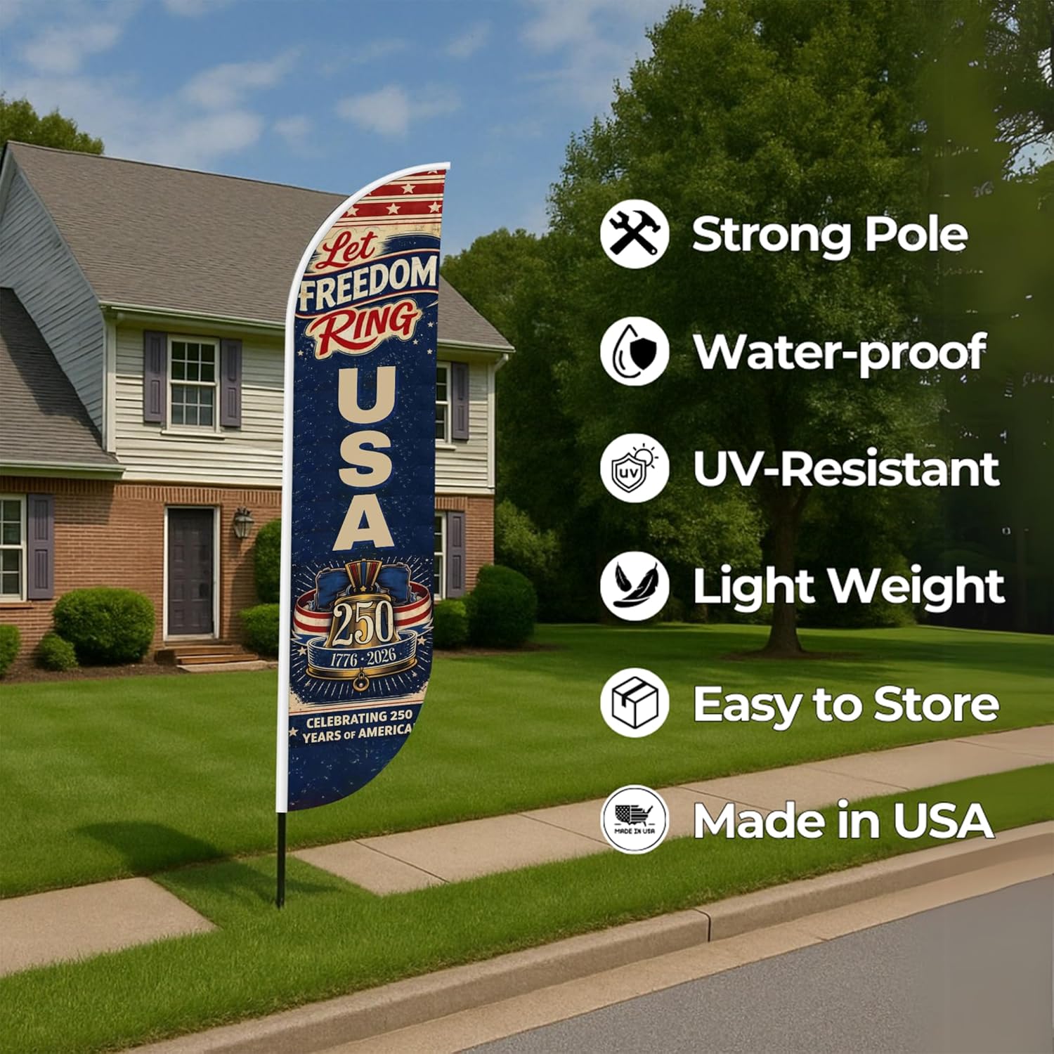 250th Anniversary of USA Independence Feather Flag By Dreamcontroller for Business Outside with Add-On Pole (15ft) & Groundspike| Custom Swooper Flag | HD Print | Made In USA | 11.5x2.5ft